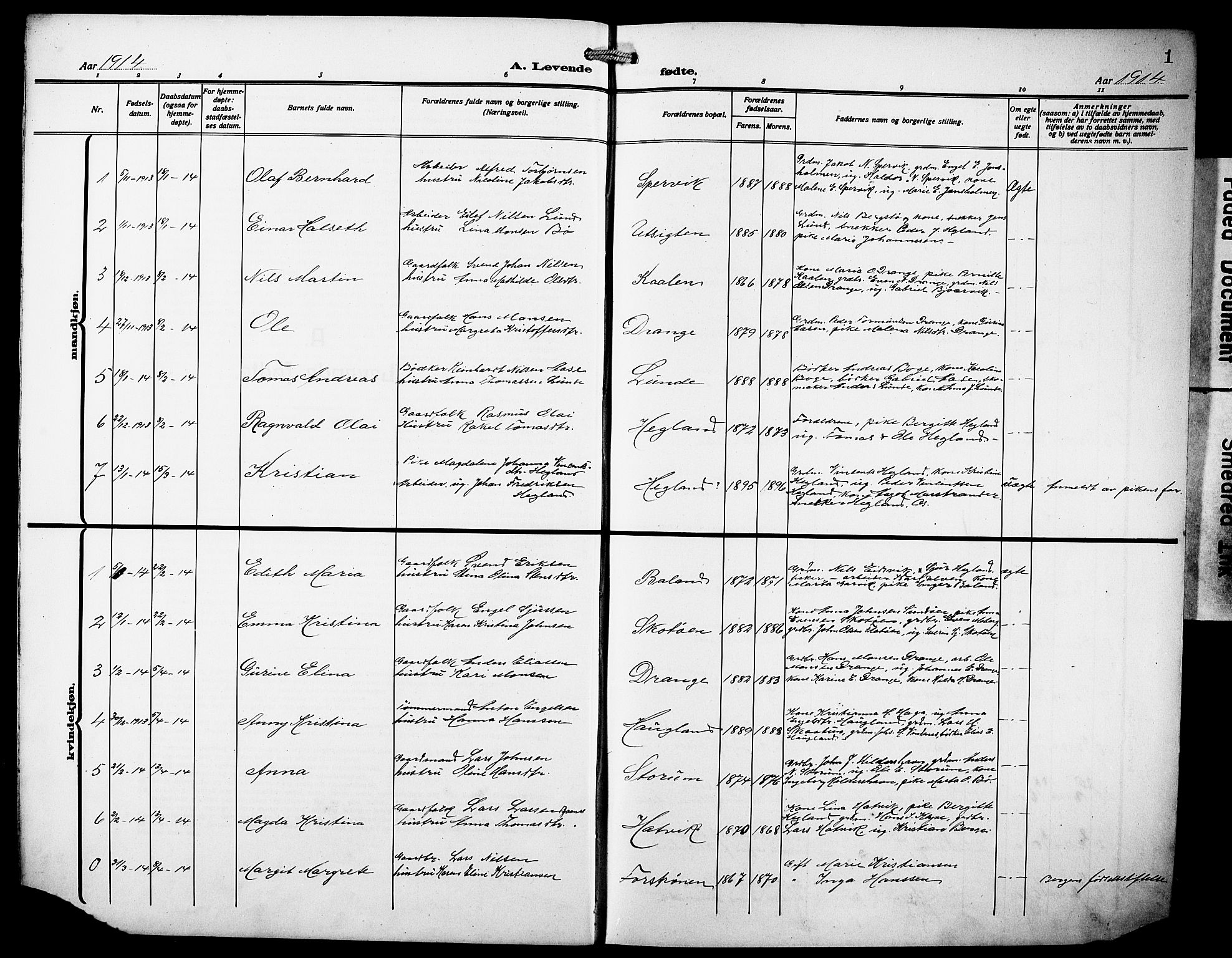 Os sokneprestembete, SAB/A-99929: Parish register (copy) no. A 4, 1914-1923, p. 1