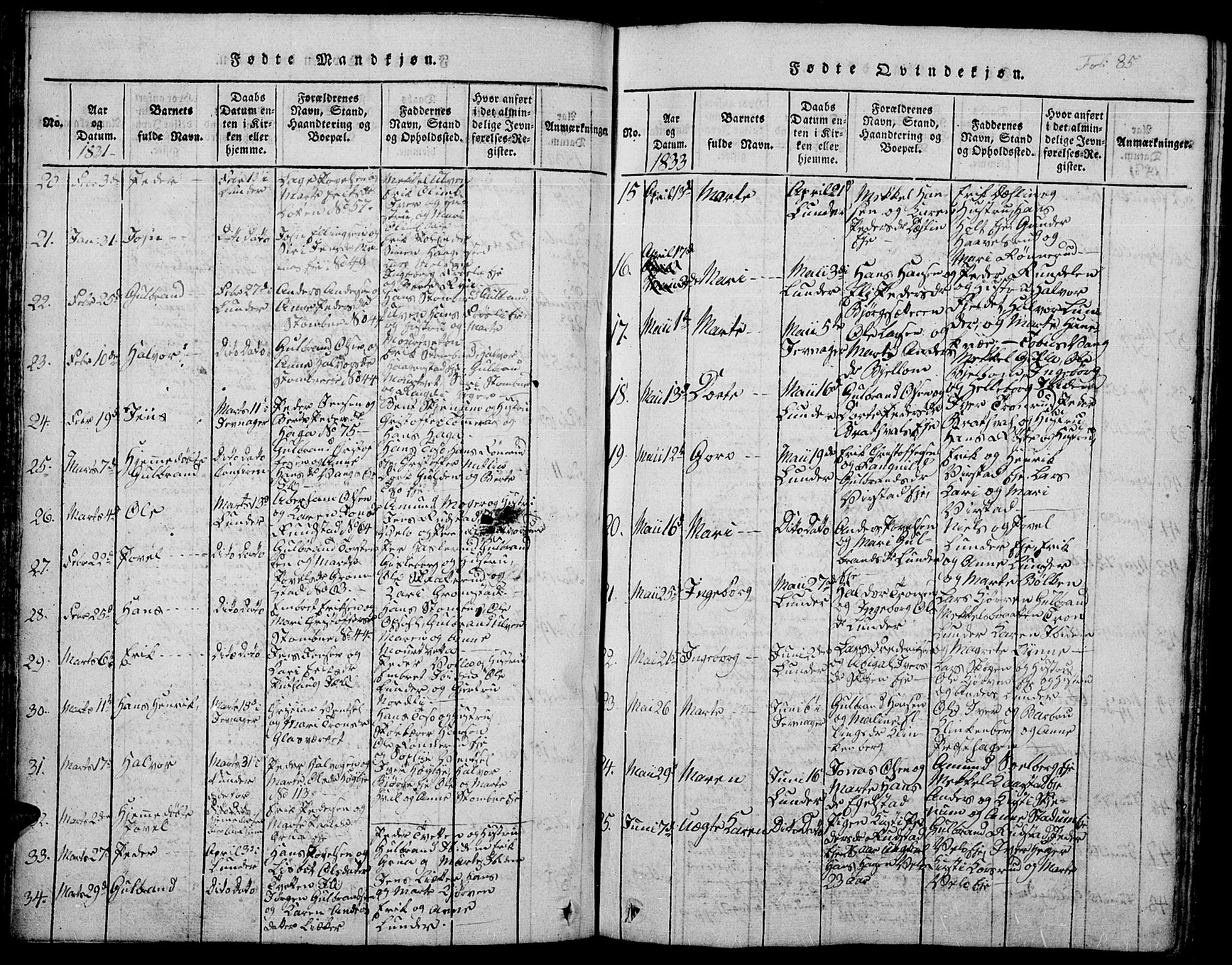 Jevnaker prestekontor, SAH/PREST-116/H/Ha/Hab/L0001: Parish register (copy) no. 1, 1815-1837, p. 85