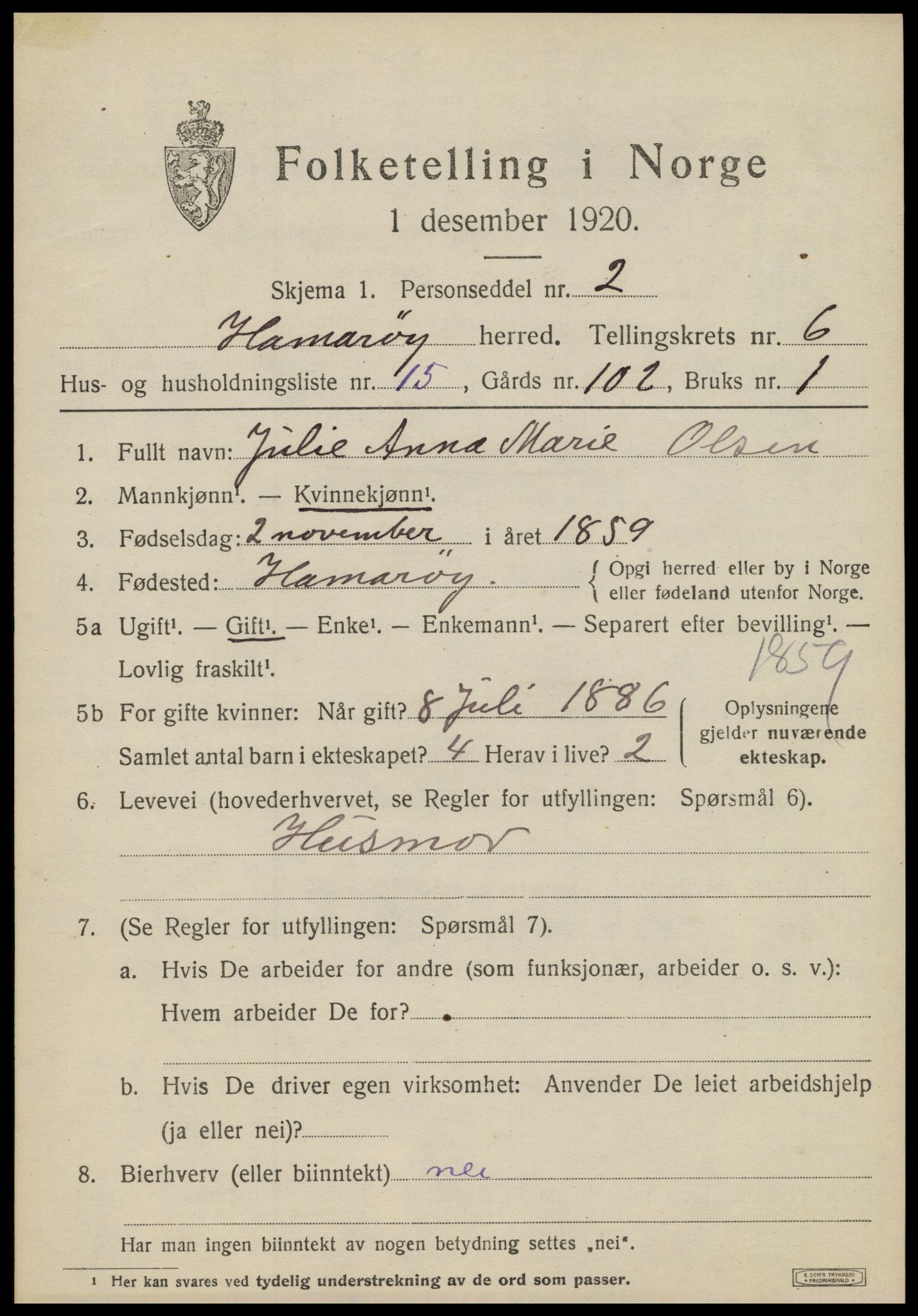 SAT, 1920 census for Hamarøy, 1920, p. 3124