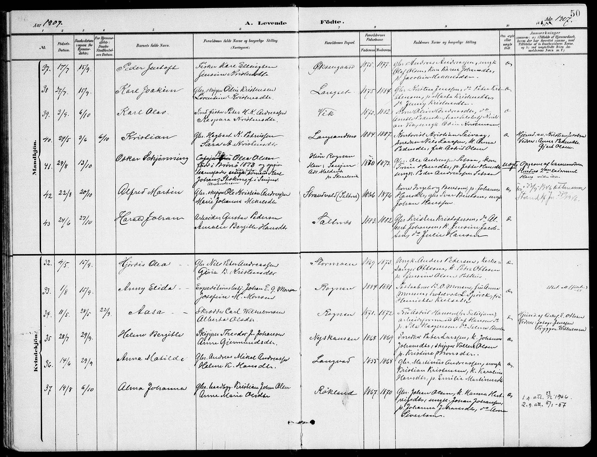 Ministerialprotokoller, klokkerbøker og fødselsregistre - Nordland, AV/SAT-A-1459/847/L0672: Parish register (official) no. 847A12, 1902-1919, p. 50