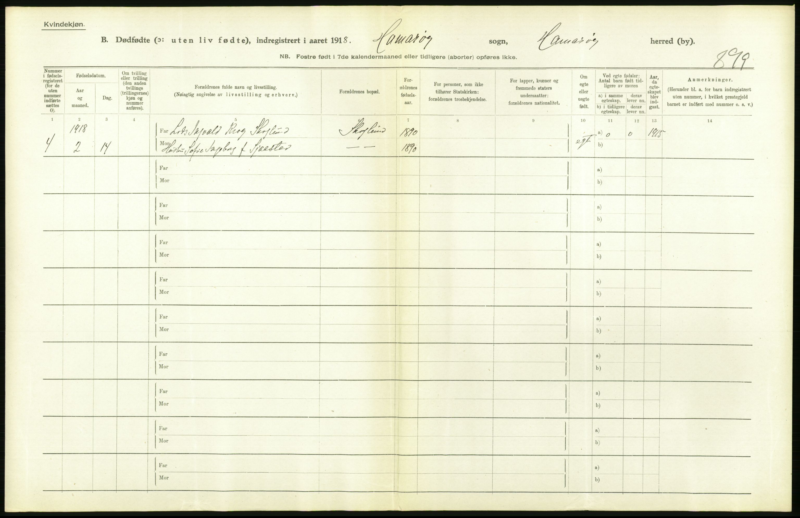 Statistisk sentralbyrå, Sosiodemografiske emner, Befolkning, AV/RA-S-2228/D/Df/Dfb/Dfbh/L0054: Nordland fylke: Gifte, dødfødte. Bygder og byer., 1918, p. 462