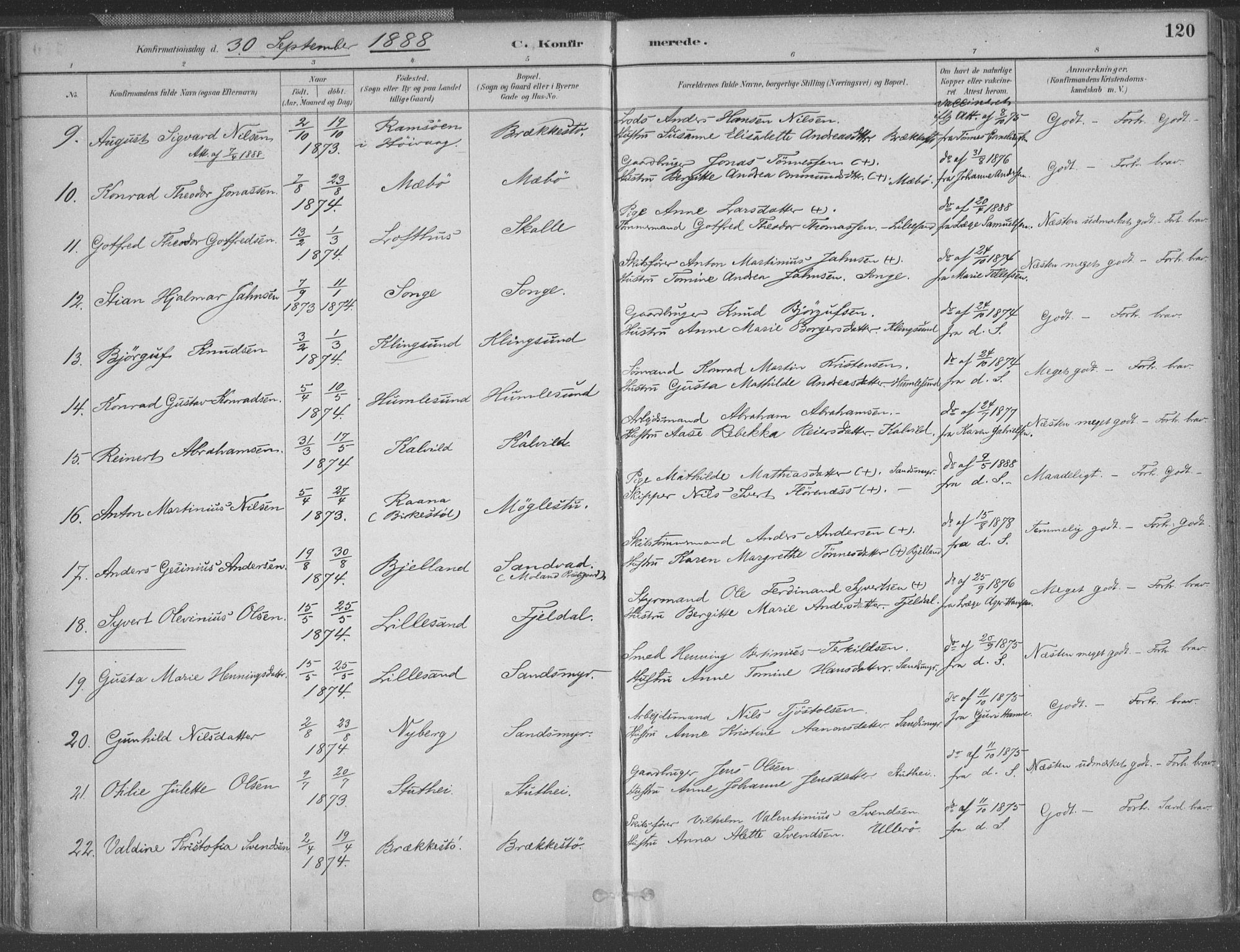 Vestre Moland sokneprestkontor, AV/SAK-1111-0046/F/Fa/Fab/L0009: Parish register (official) no. A 9, 1884-1899, p. 120