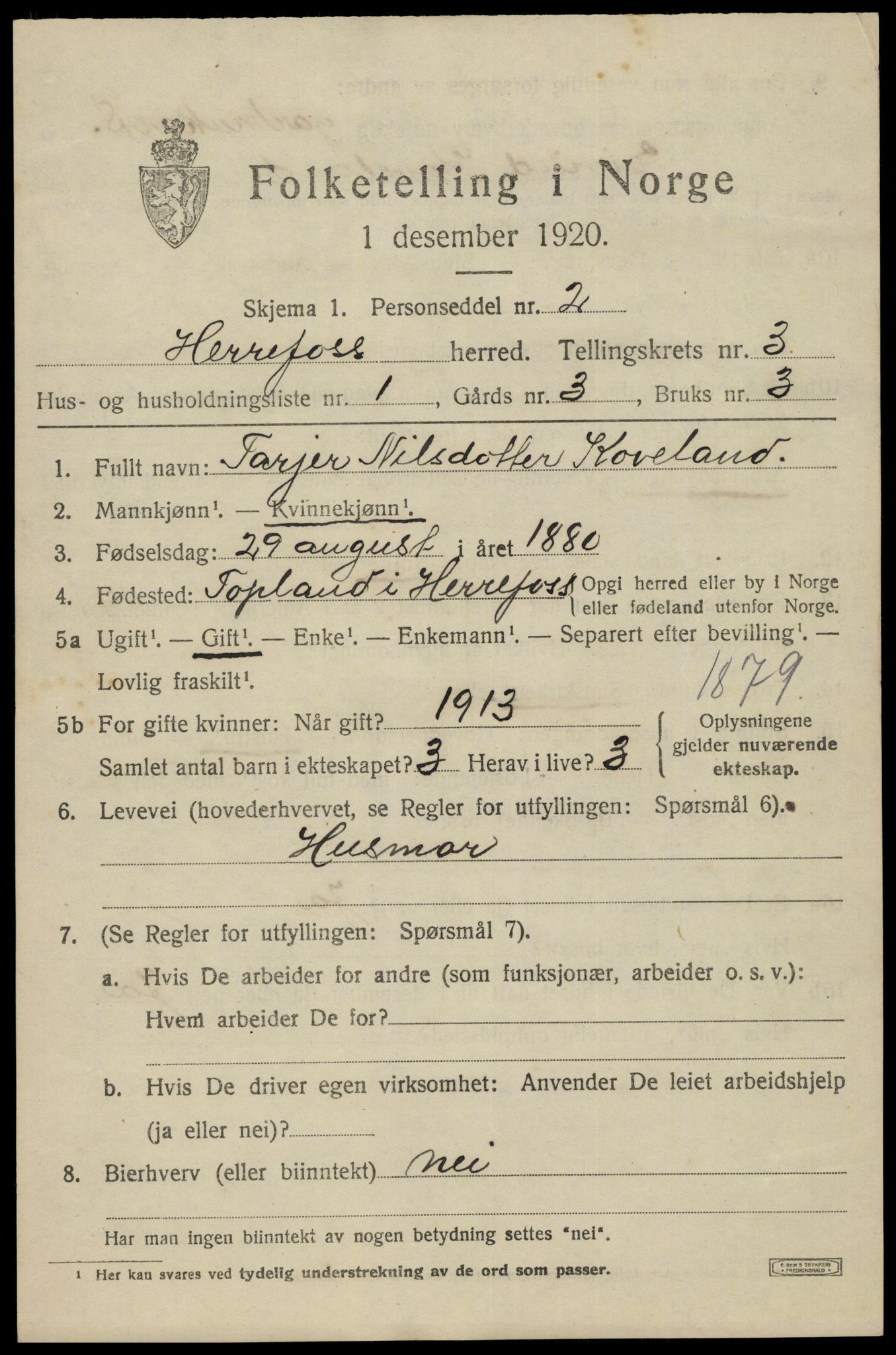 SAK, 1920 census for Herefoss, 1920, p. 574