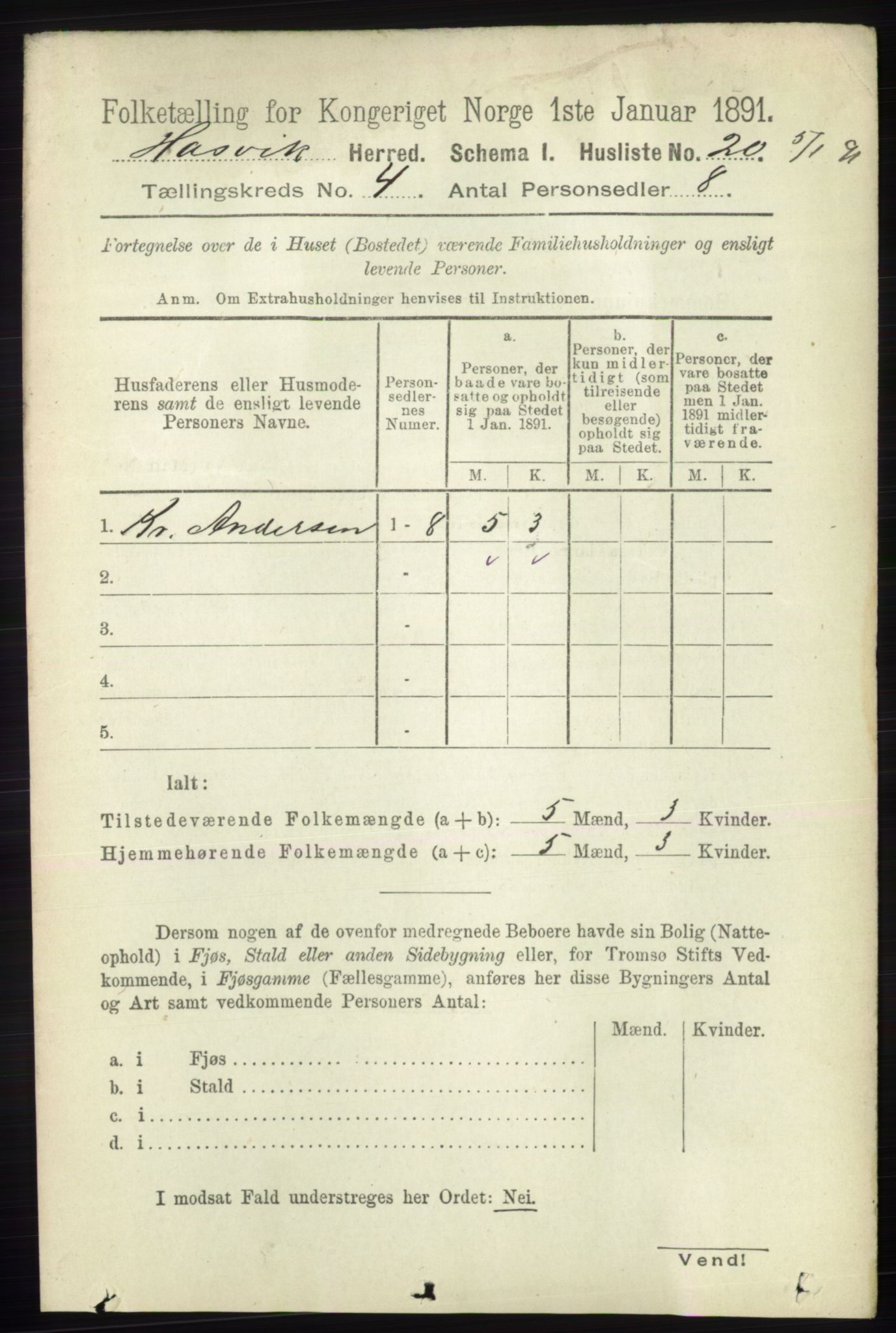 RA, 1891 census for 2015 Hasvik, 1891, p. 485