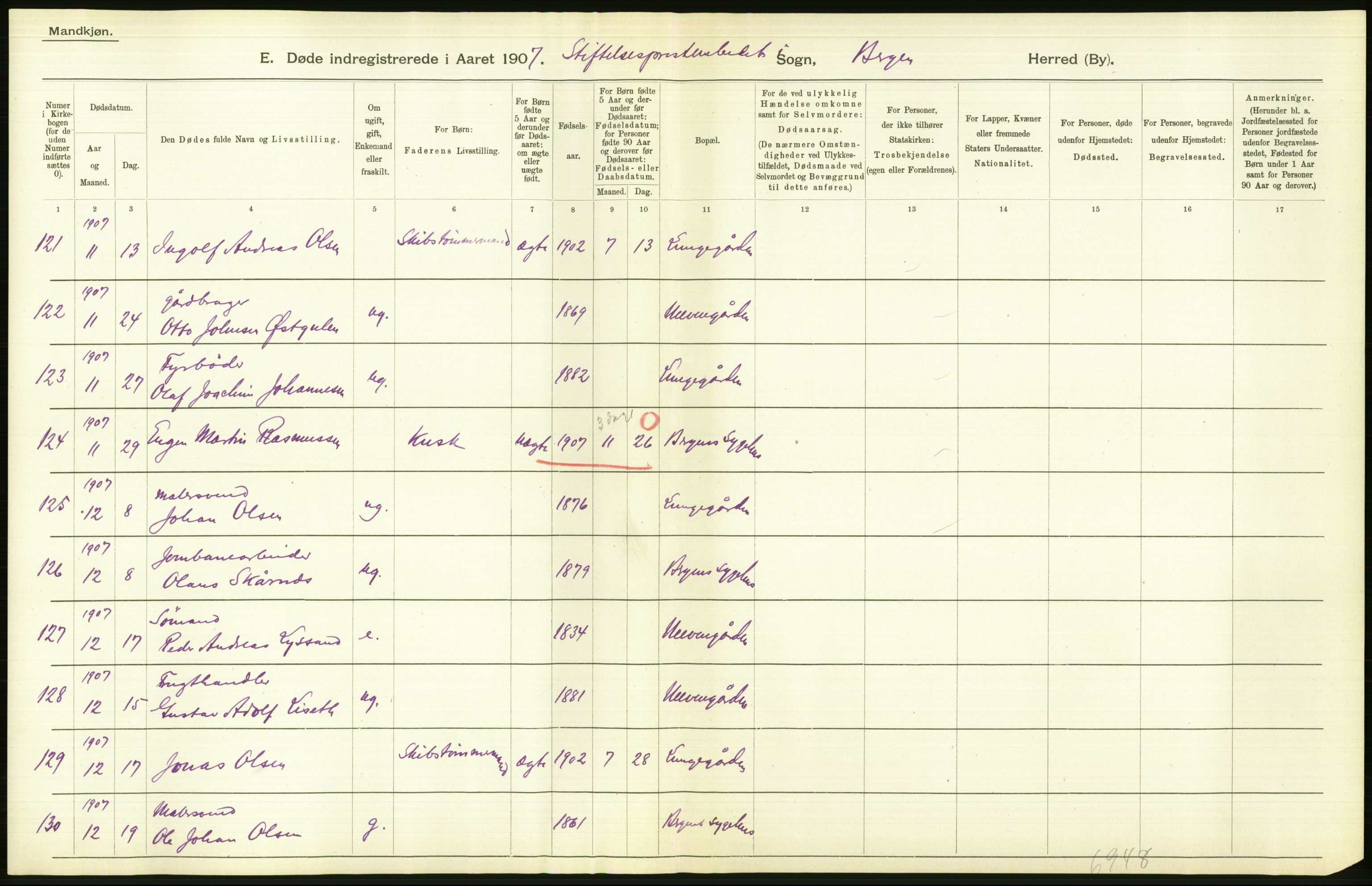 Statistisk sentralbyrå, Sosiodemografiske emner, Befolkning, AV/RA-S-2228/D/Df/Dfa/Dfae/L0031: Bergen: gifte, døde, dødfødte., 1907, p. 416