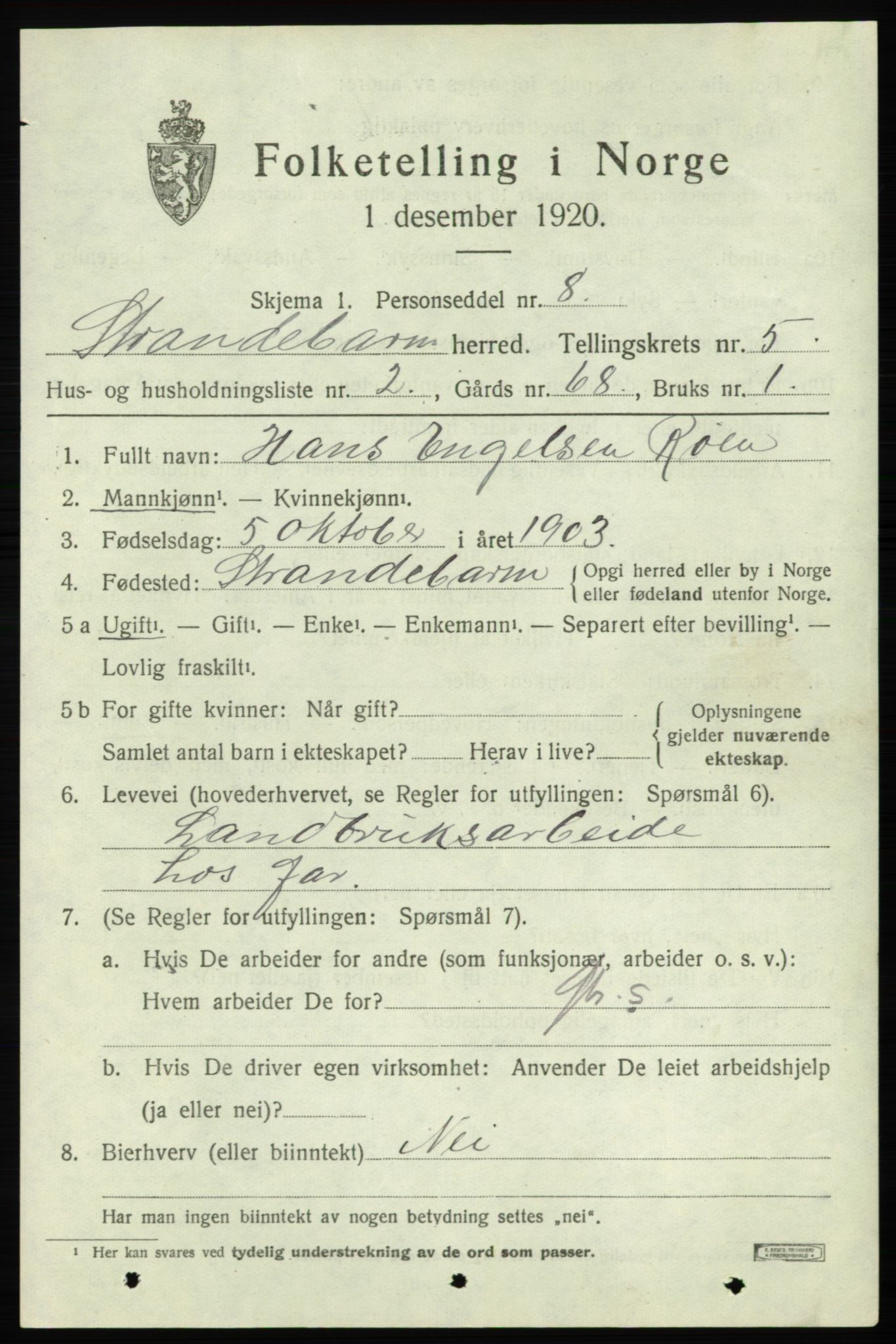 SAB, 1920 census for Strandebarm, 1920, p. 3782