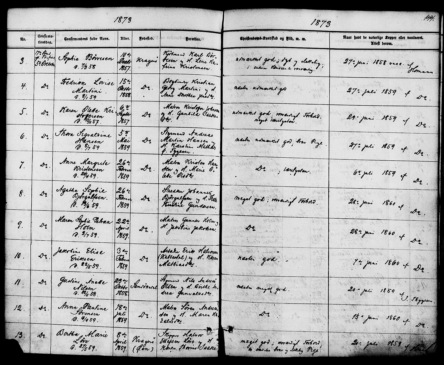 Kragerø kirkebøker, AV/SAKO-A-278/F/Fa/L0008: Parish register (official) no. 8, 1856-1880, p. 144