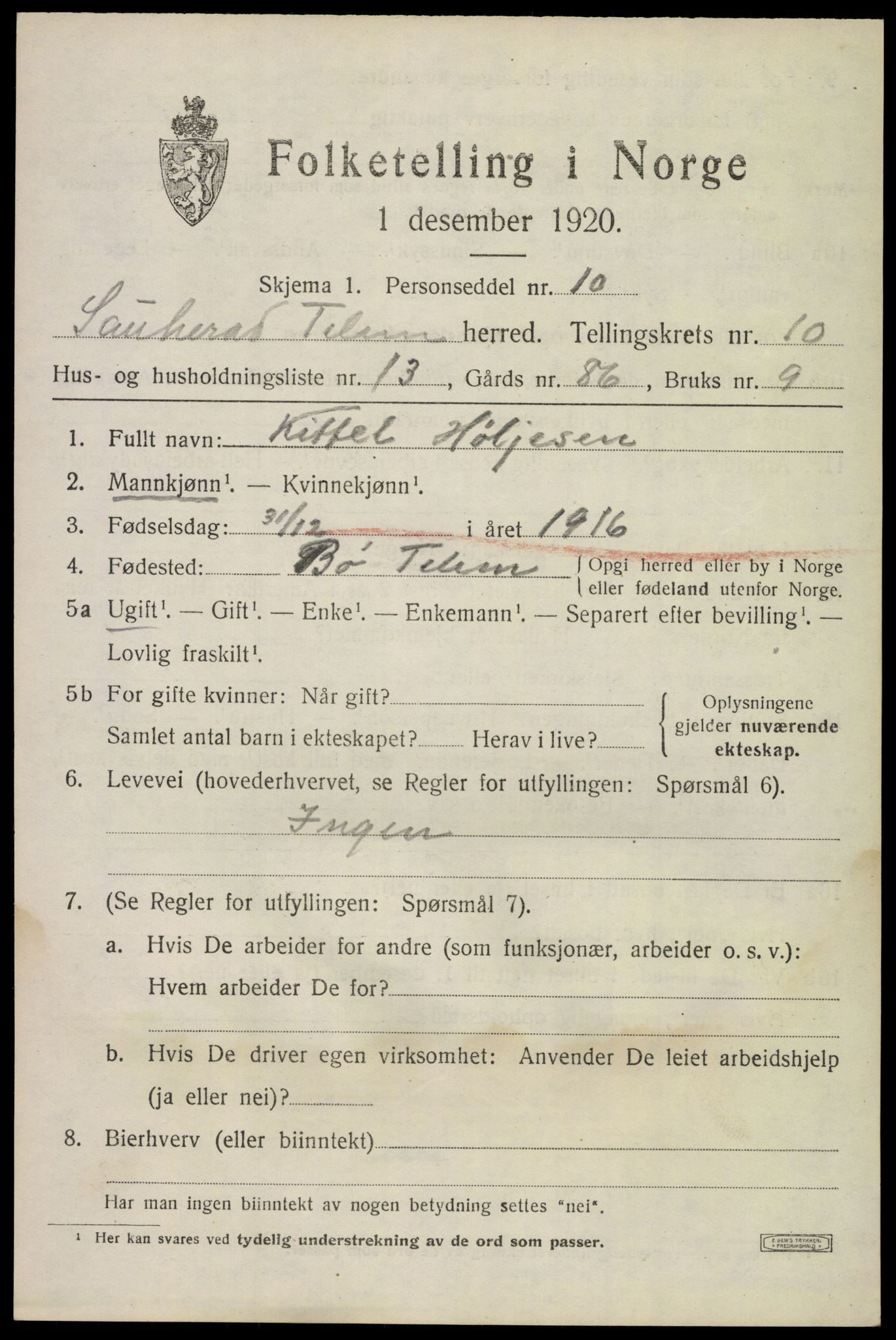 SAKO, 1920 census for Sauherad, 1920, p. 7511