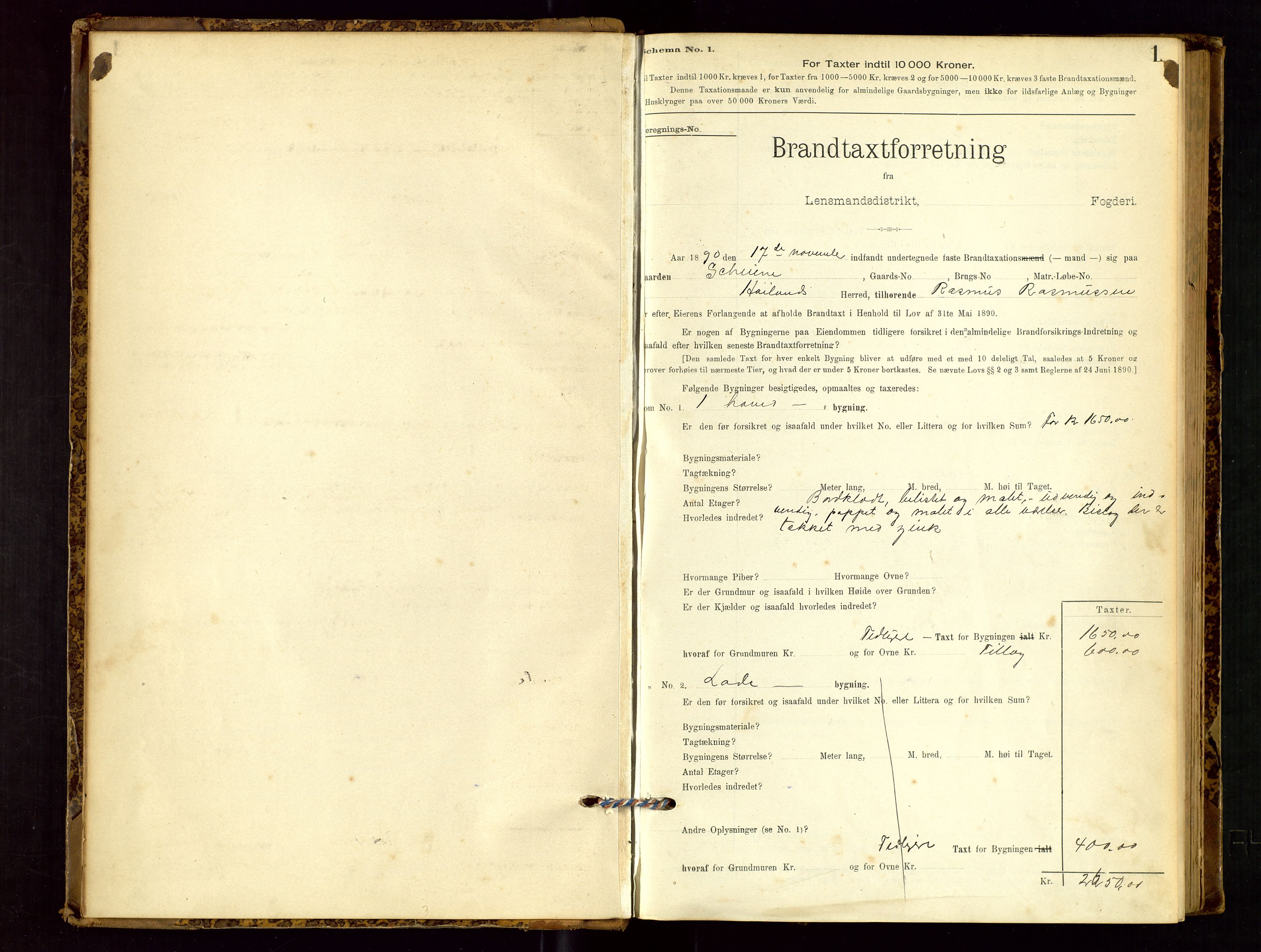 Høyland/Sandnes lensmannskontor, SAST/A-100166/Gob/L0001: "Brandtaxtprotokol", 1890-1913, p. 1