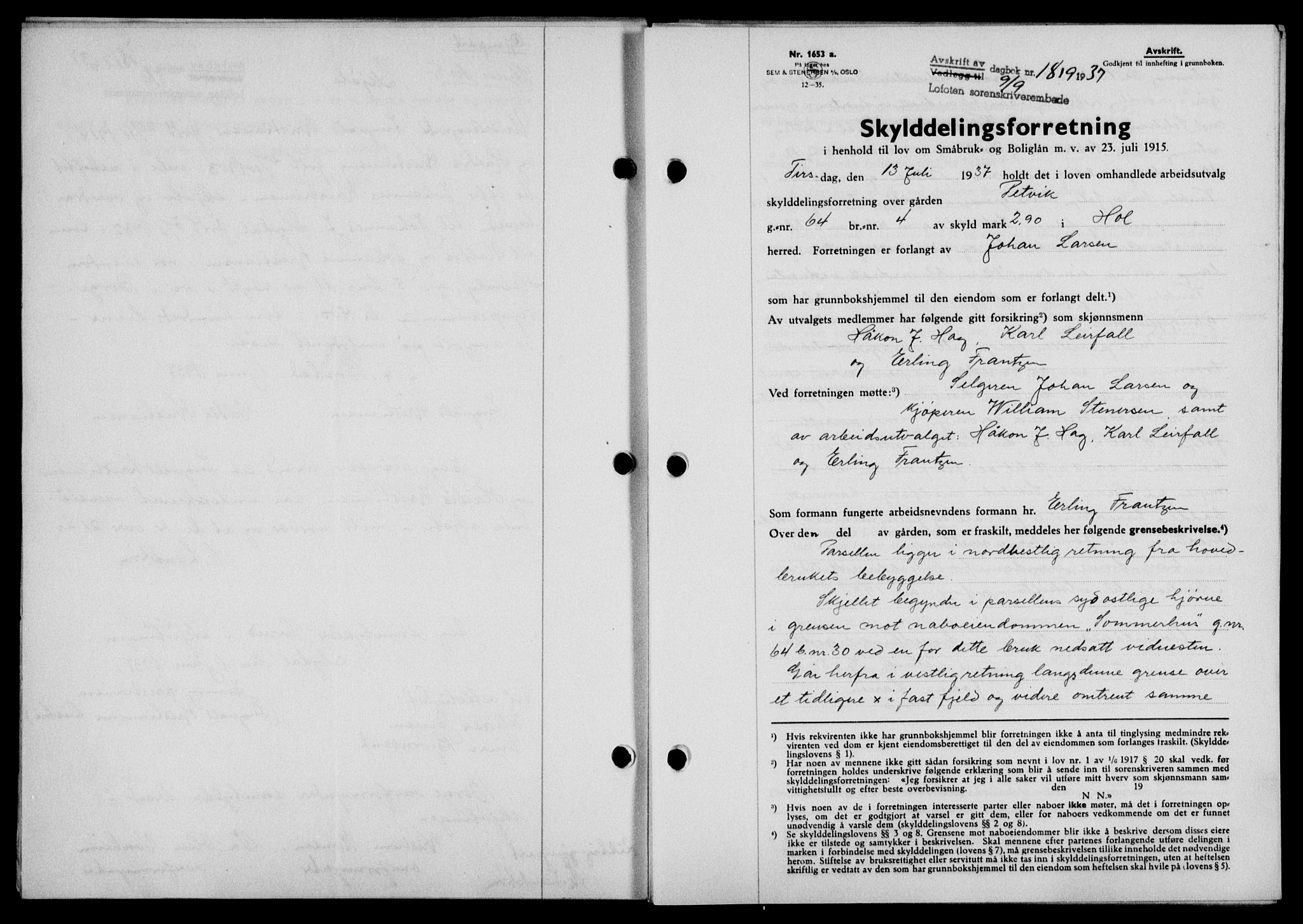 Lofoten sorenskriveri, SAT/A-0017/1/2/2C/L0002a: Mortgage book no. 2a, 1937-1937, Diary no: : 1819/1937