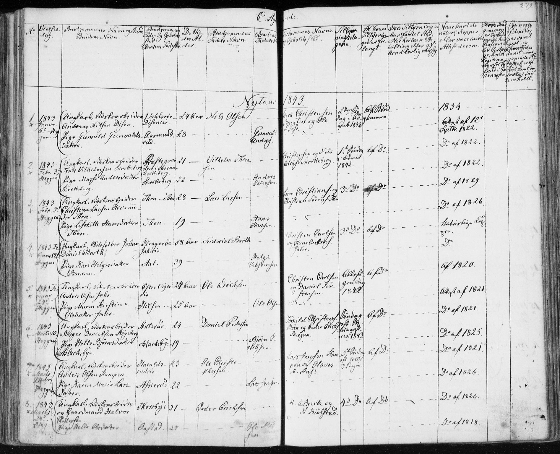 Modum kirkebøker, SAKO/A-234/F/Fa/L0007: Parish register (official) no. 7, 1841-1850, p. 279