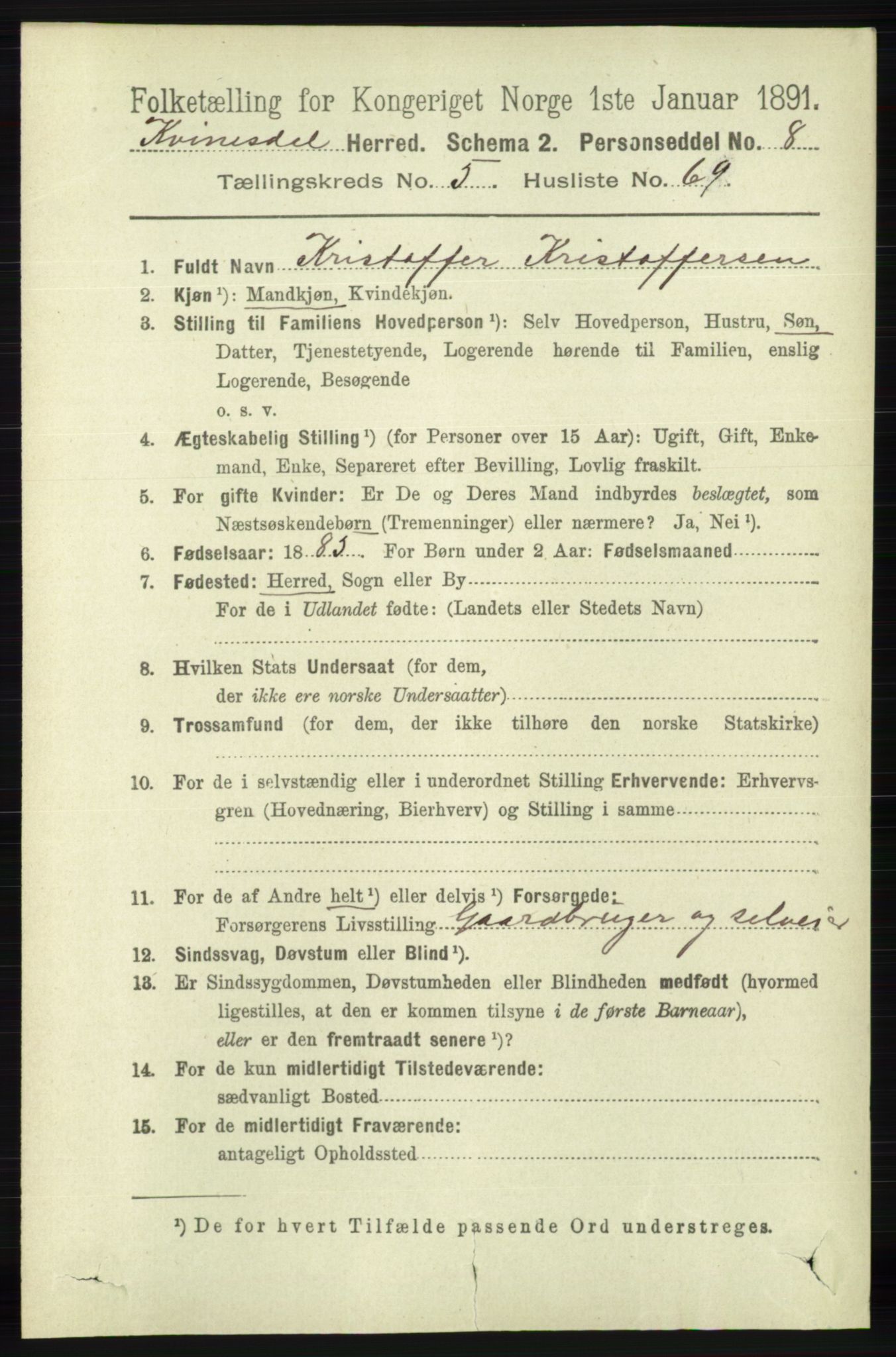 RA, 1891 census for 1037 Kvinesdal, 1891, p. 2041