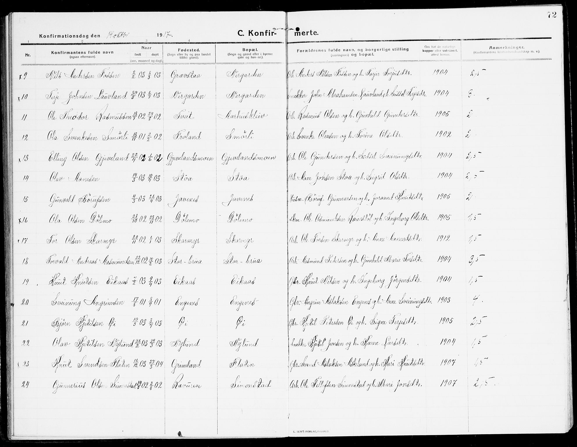 Åmli sokneprestkontor, SAK/1111-0050/F/Fa/Fac/L0013: Parish register (official) no. A 13, 1914-1933, p. 72