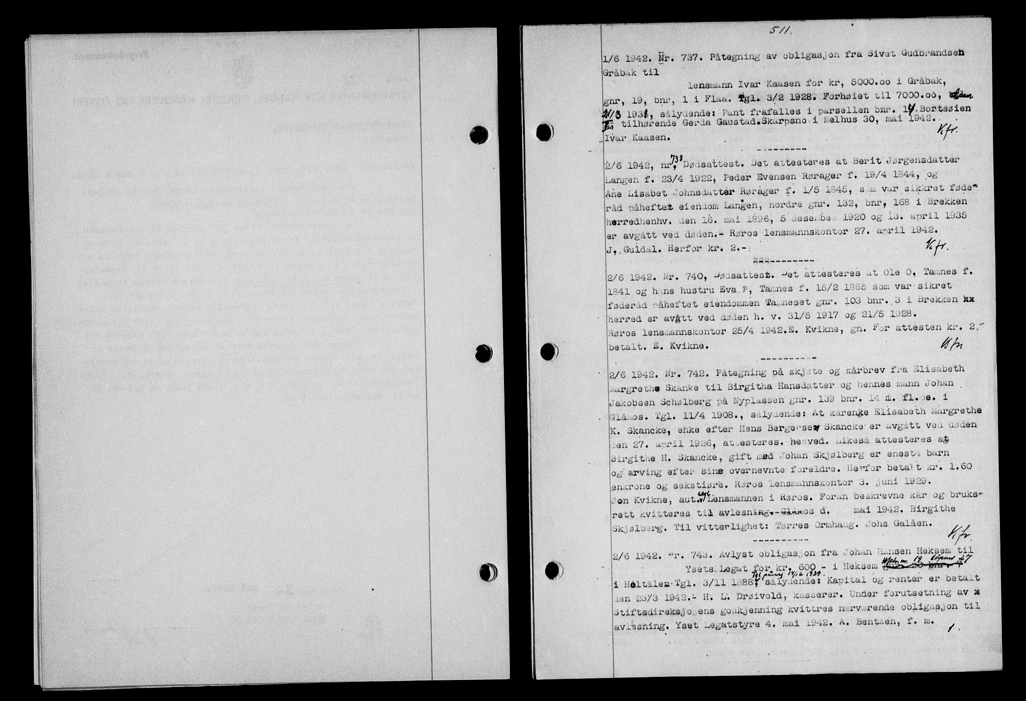Gauldal sorenskriveri, SAT/A-0014/1/2/2C/L0054: Mortgage book no. 59, 1941-1942, Diary no: : 737/1942