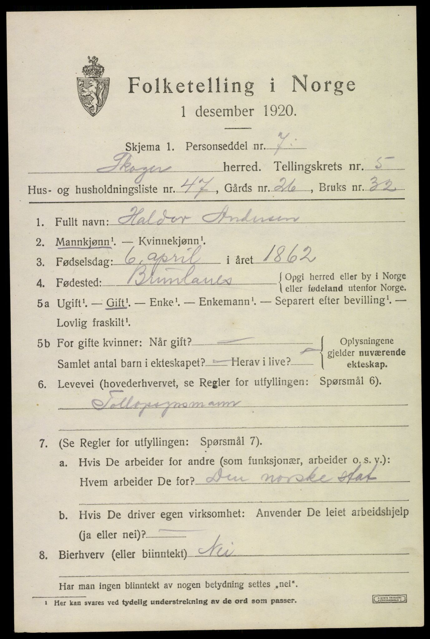 SAKO, 1920 census for Skoger, 1920, p. 11457