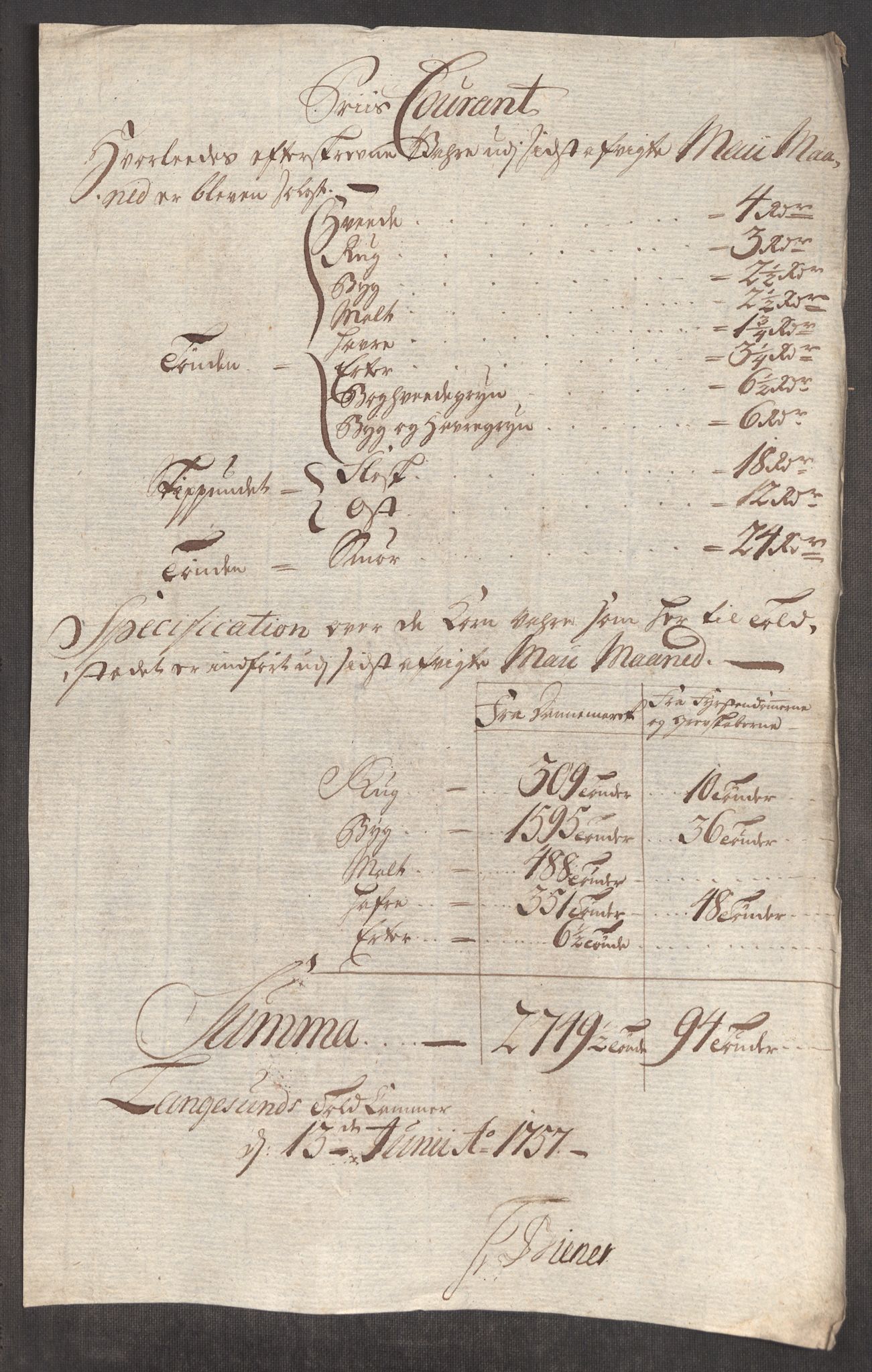 Rentekammeret inntil 1814, Realistisk ordnet avdeling, AV/RA-EA-4070/Oe/L0005: [Ø1]: Priskuranter, 1753-1757, p. 839