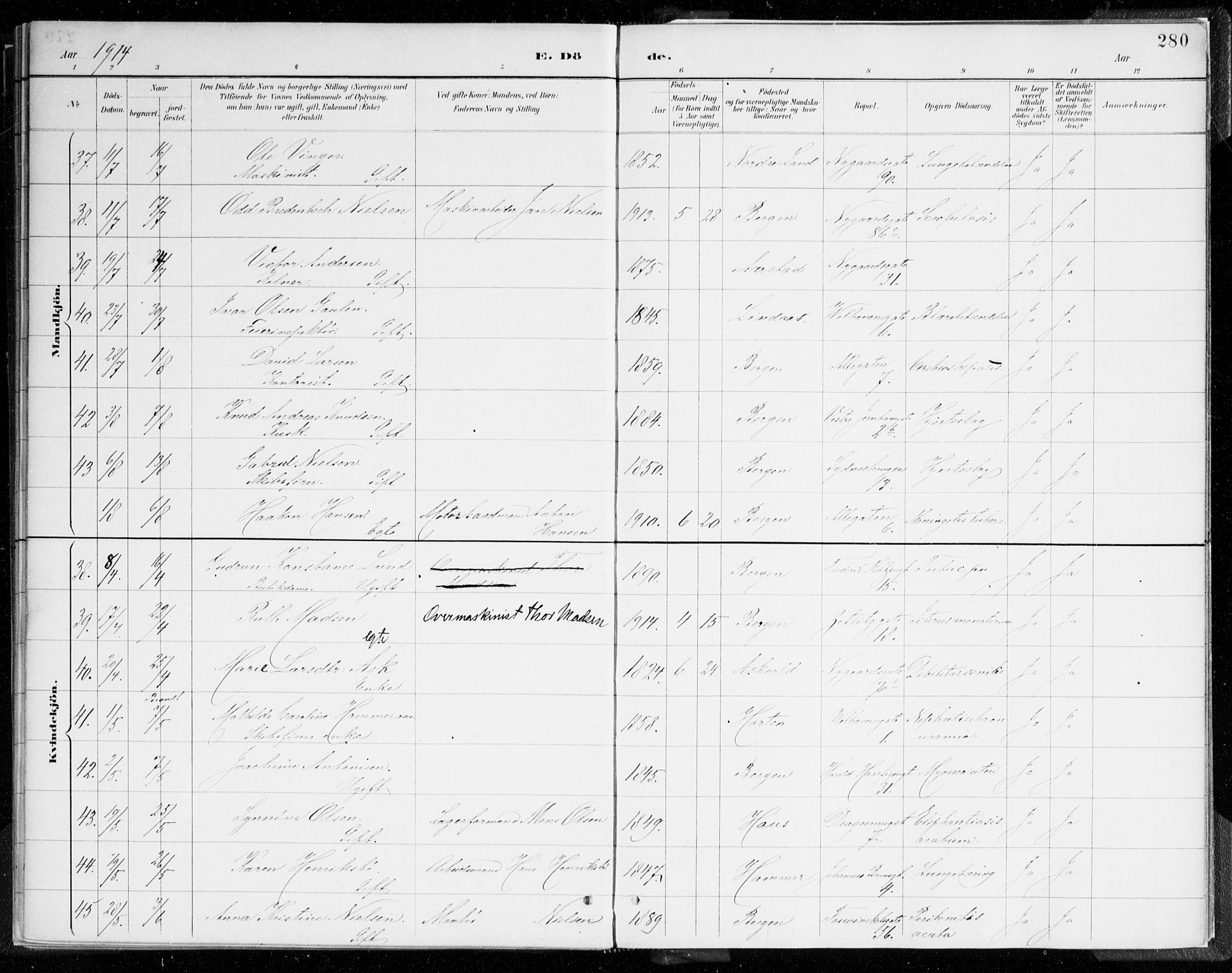 Johanneskirken sokneprestembete, AV/SAB-A-76001/H/Haa/L0019: Parish register (official) no. E 1, 1885-1915, p. 280