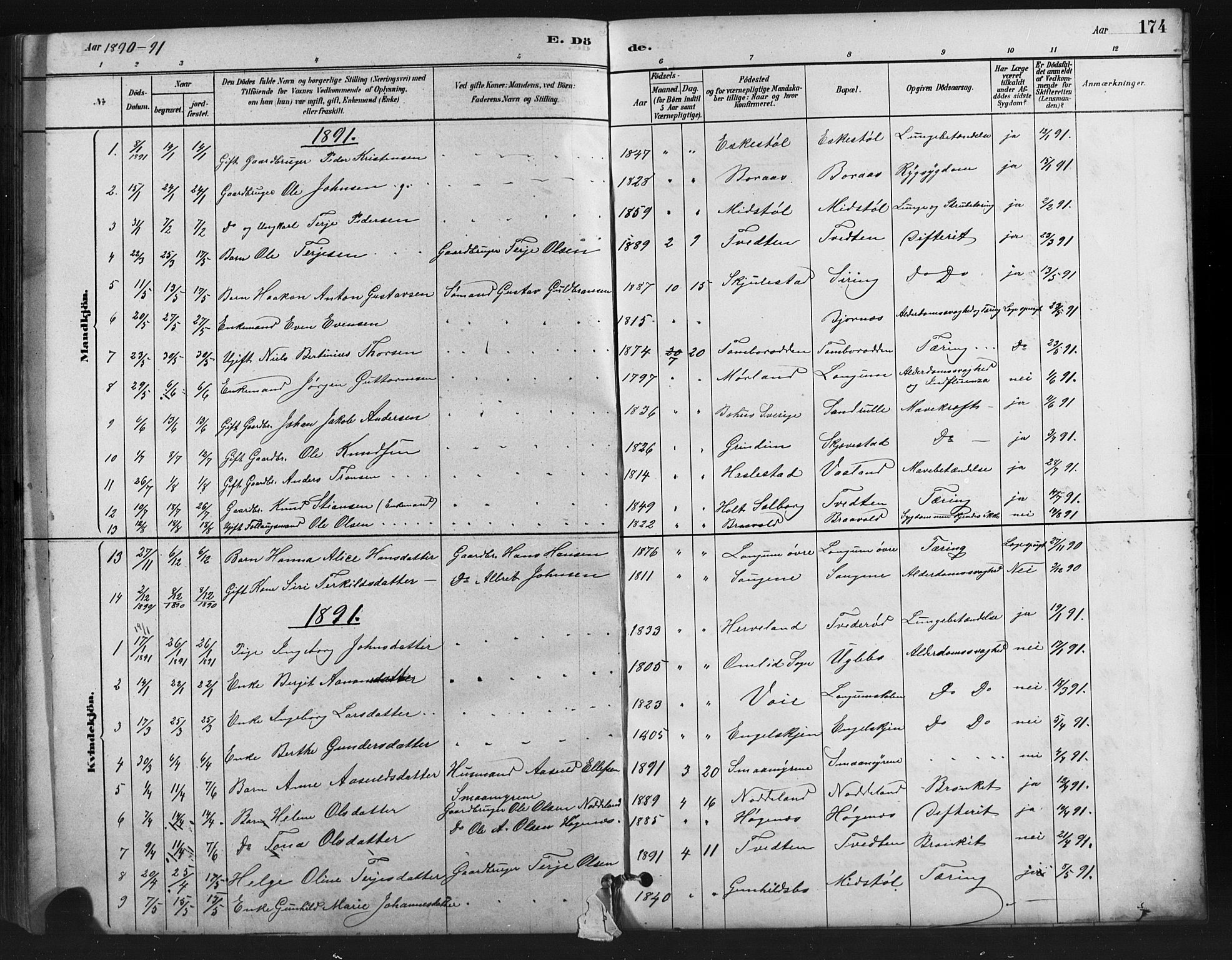 Austre Moland sokneprestkontor, AV/SAK-1111-0001/F/Fb/Fba/L0003: Parish register (copy) no. B 3, 1879-1914, p. 174