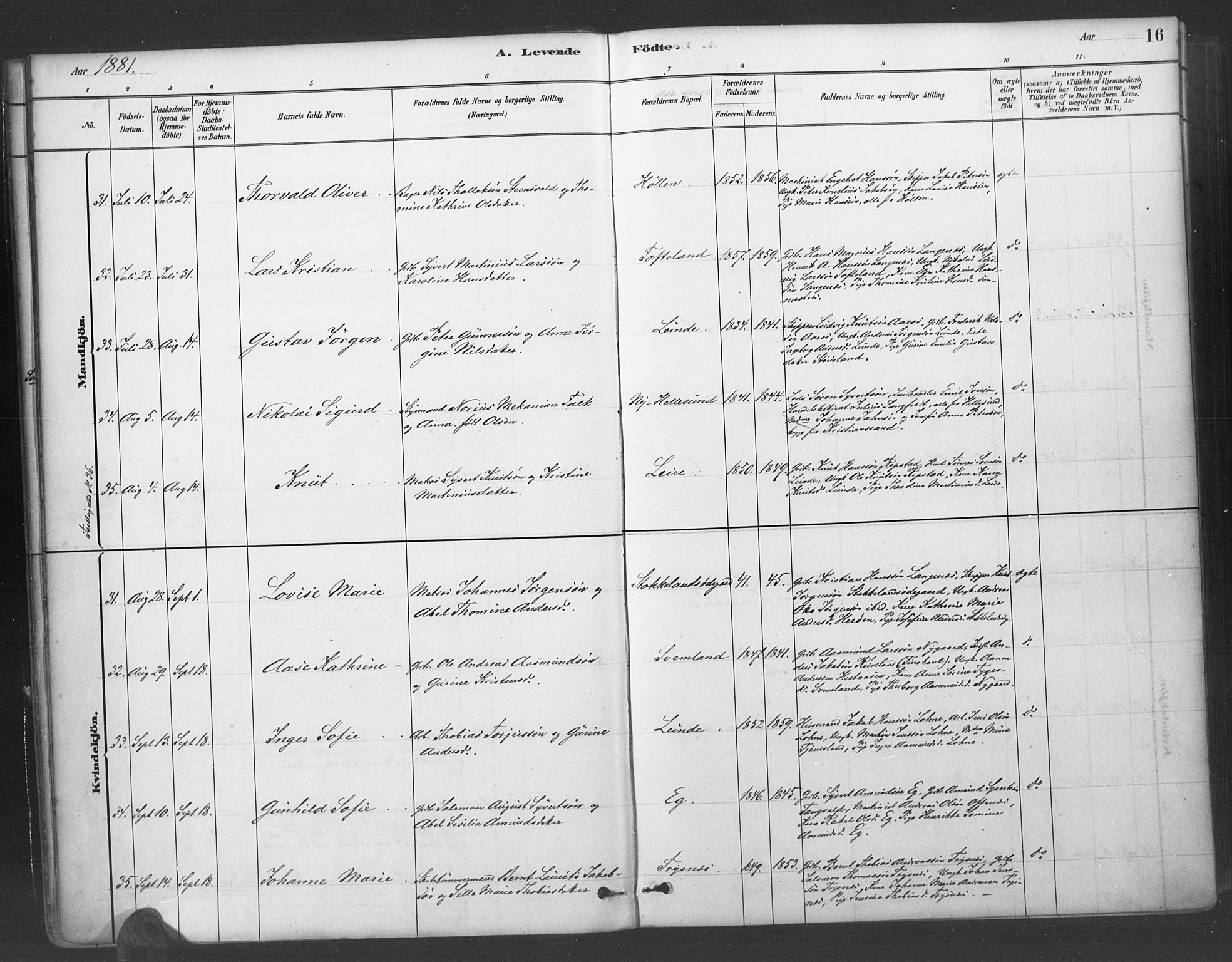Søgne sokneprestkontor, SAK/1111-0037/F/Fa/Fab/L0012: Parish register (official) no. A 12, 1880-1891, p. 16