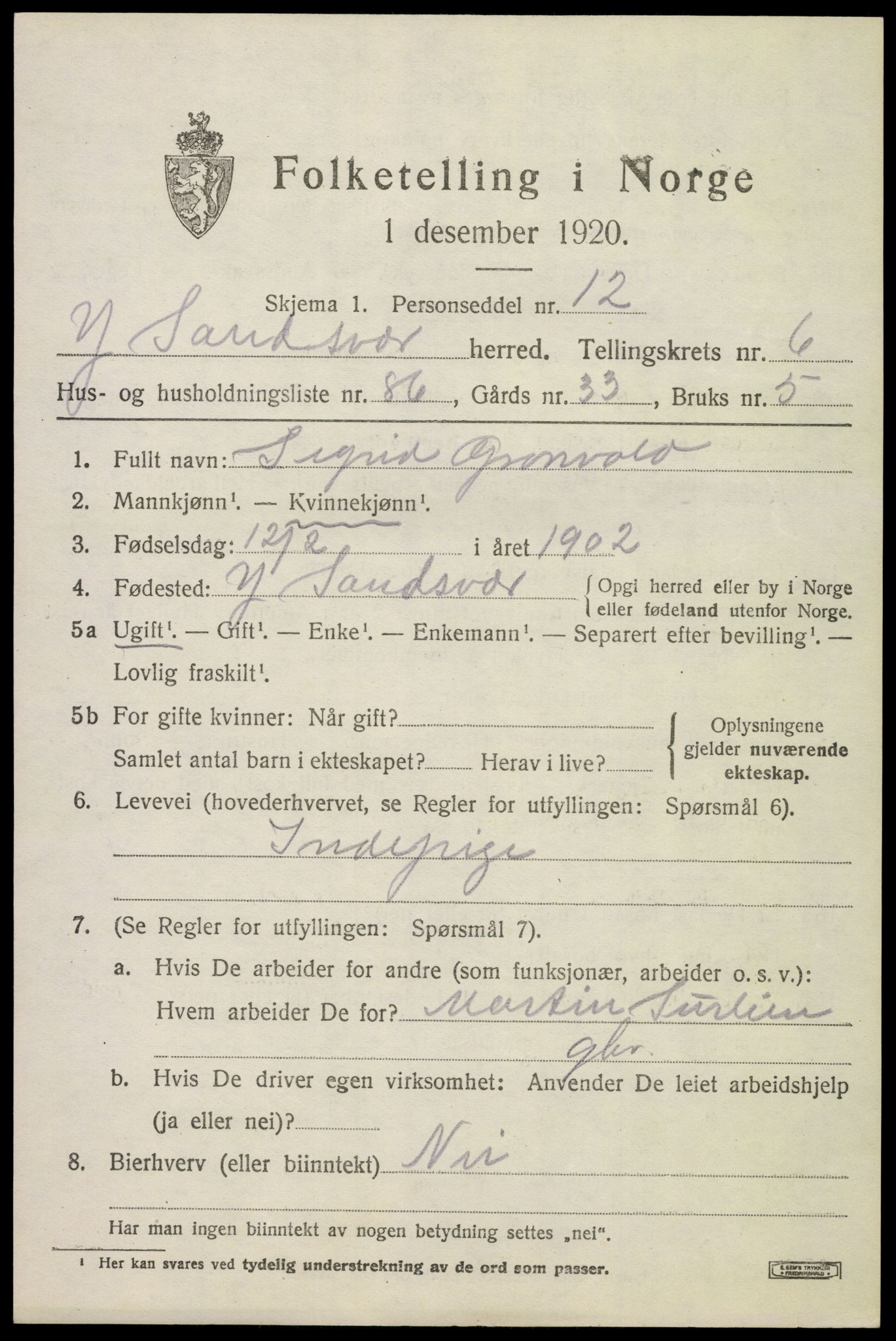 SAKO, 1920 census for Ytre Sandsvær, 1920, p. 5664