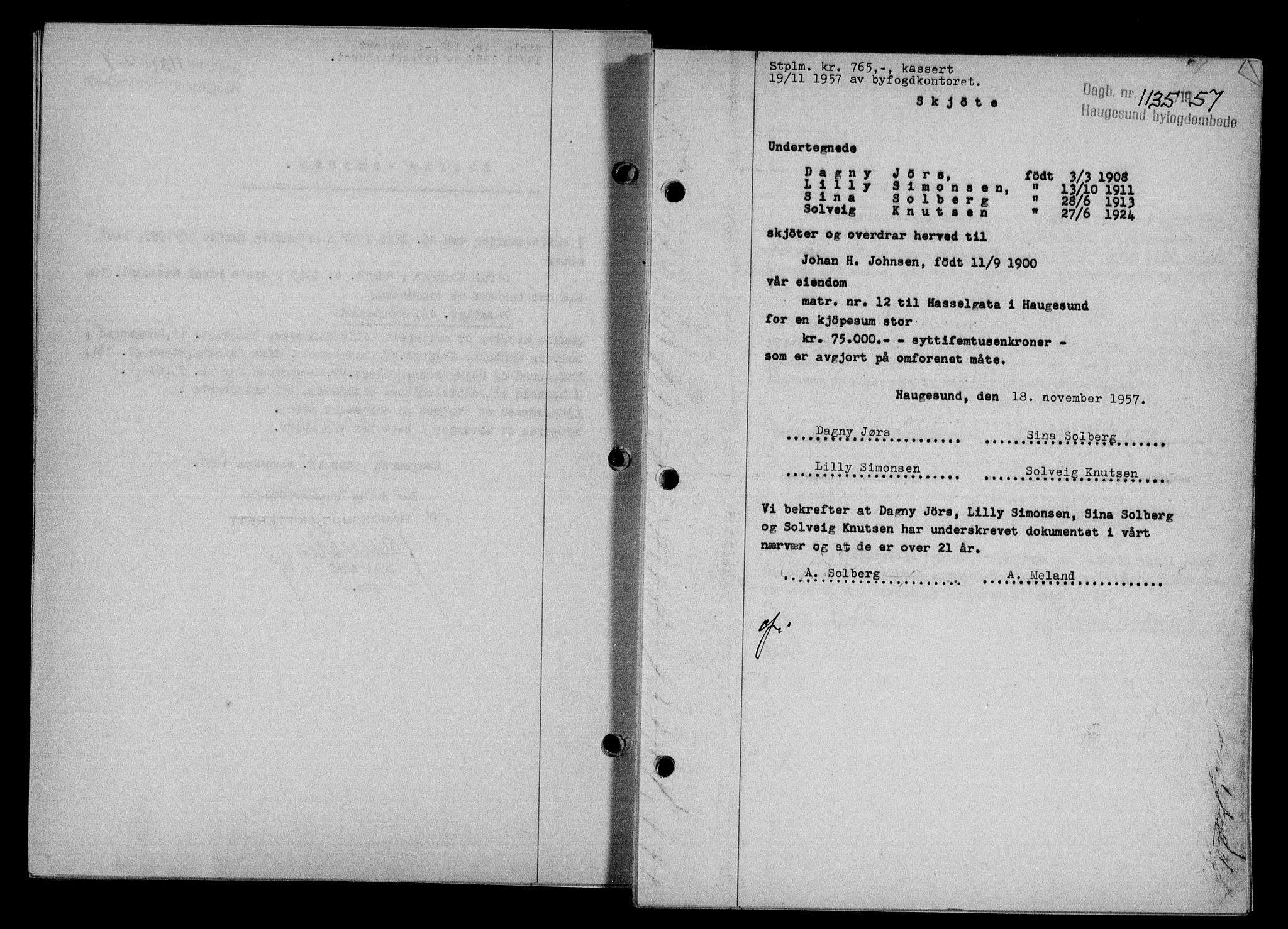 Haugesund tingrett, SAST/A-101415/01/II/IIC/L0068: Mortgage book no. A 9, 1956-1958, Diary no: : 1135/1957