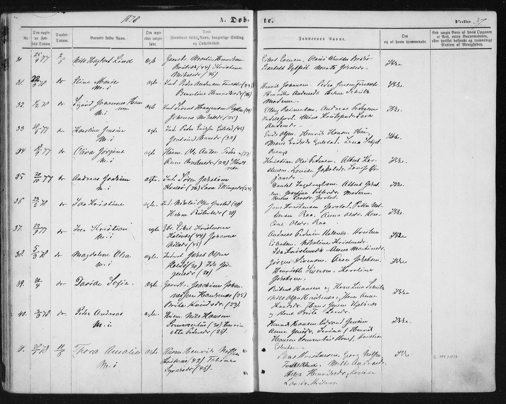 Ministerialprotokoller, klokkerbøker og fødselsregistre - Nordland, AV/SAT-A-1459/888/L1243: Parish register (official) no. 888A09, 1876-1879, p. 37