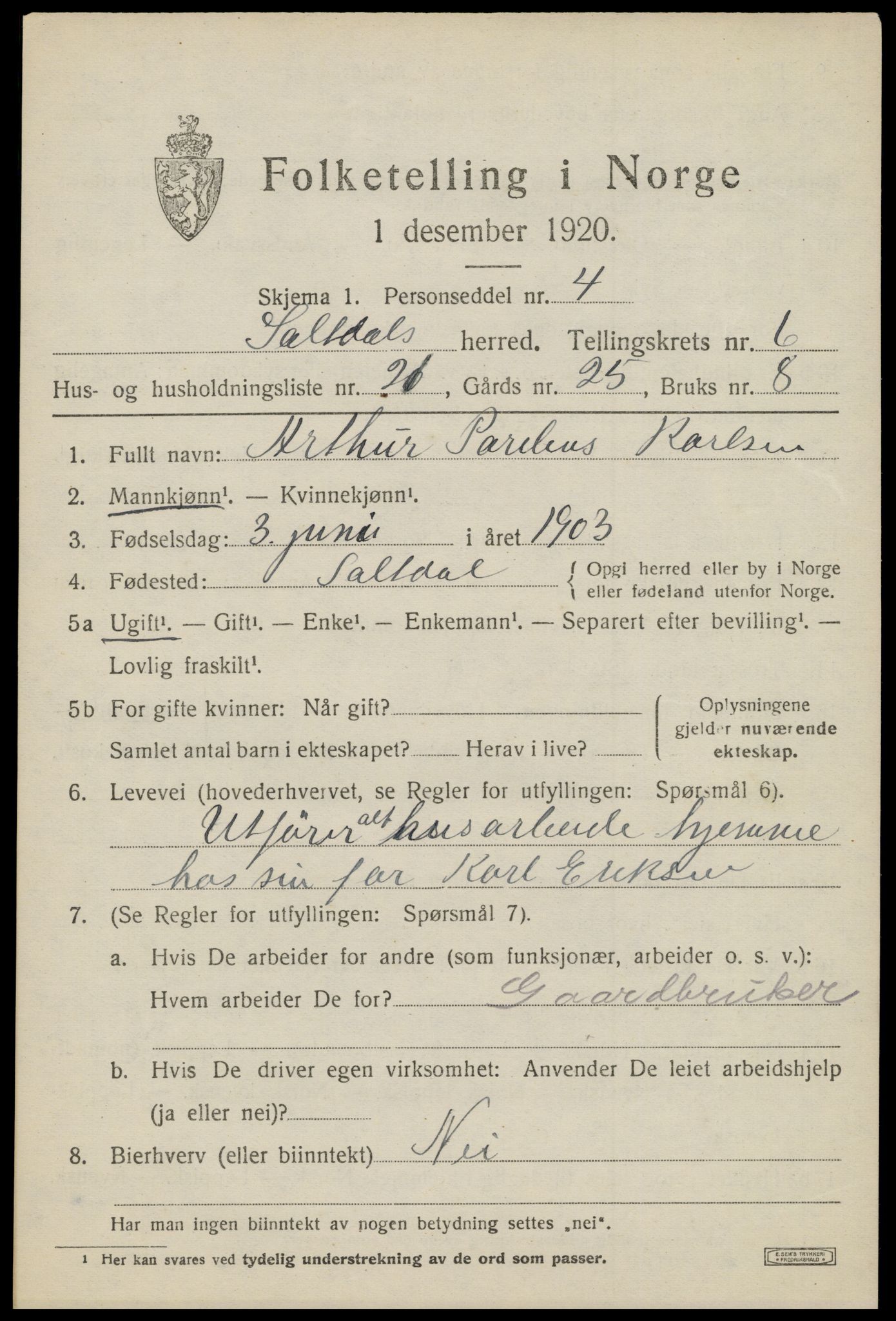 SAT, 1920 census for Saltdal, 1920, p. 7607