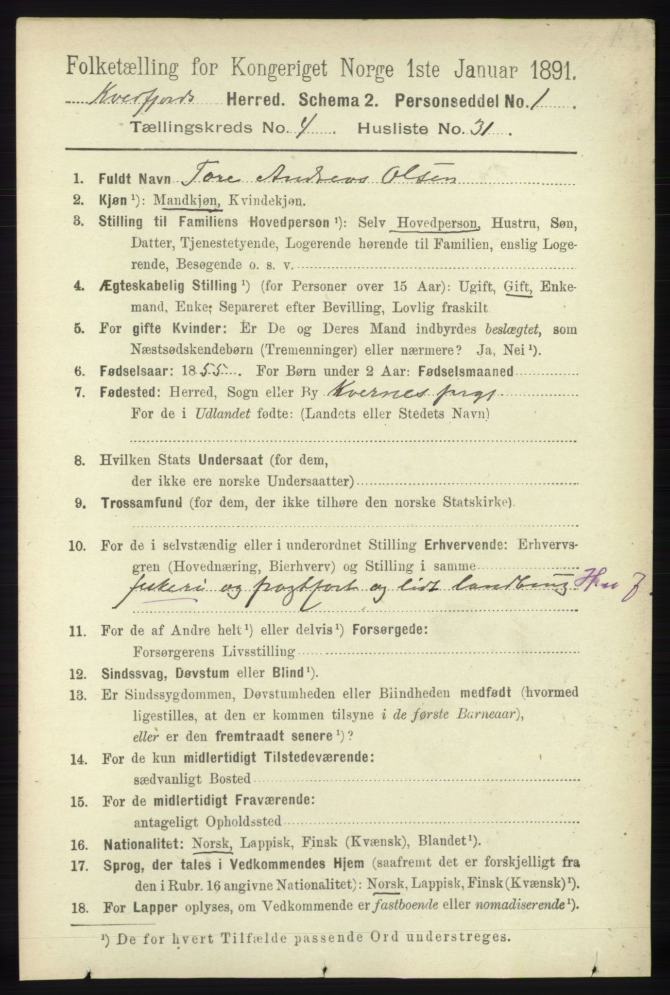 RA, 1891 census for 1911 Kvæfjord, 1891, p. 2091