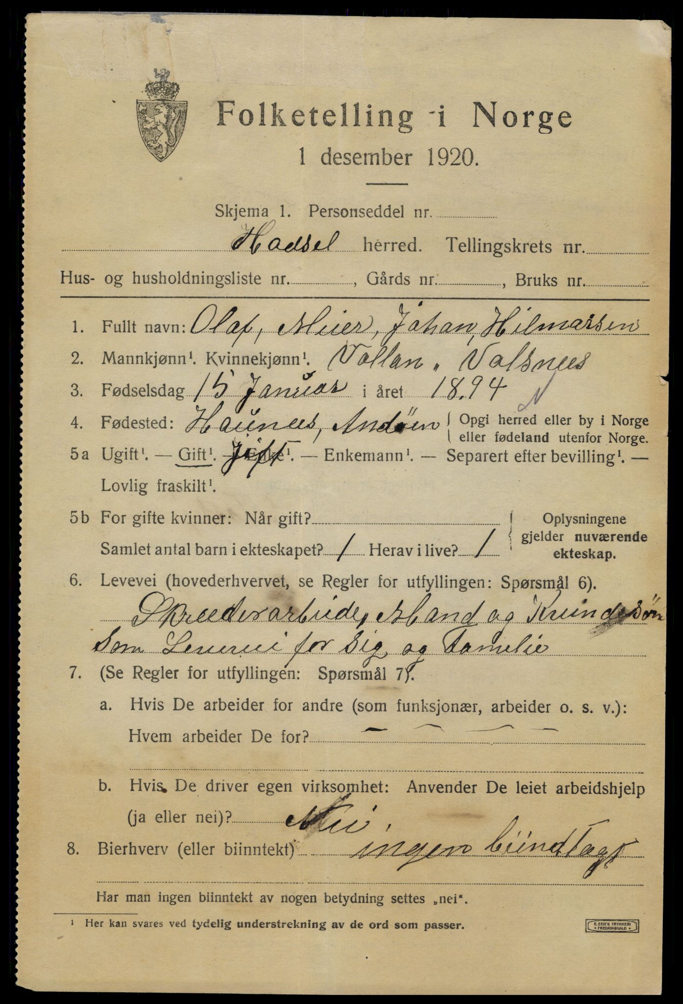 SAT, 1920 census for Hadsel, 1920, p. 19910