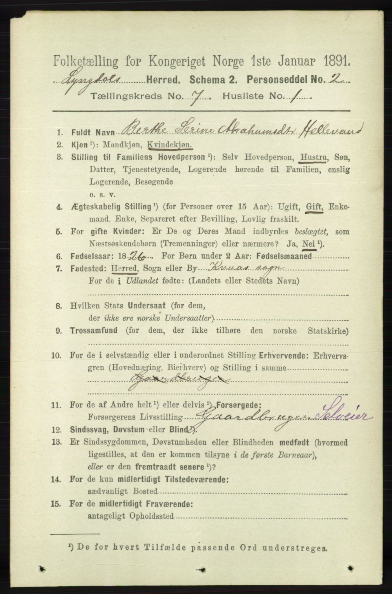 RA, 1891 census for 1032 Lyngdal, 1891, p. 2935