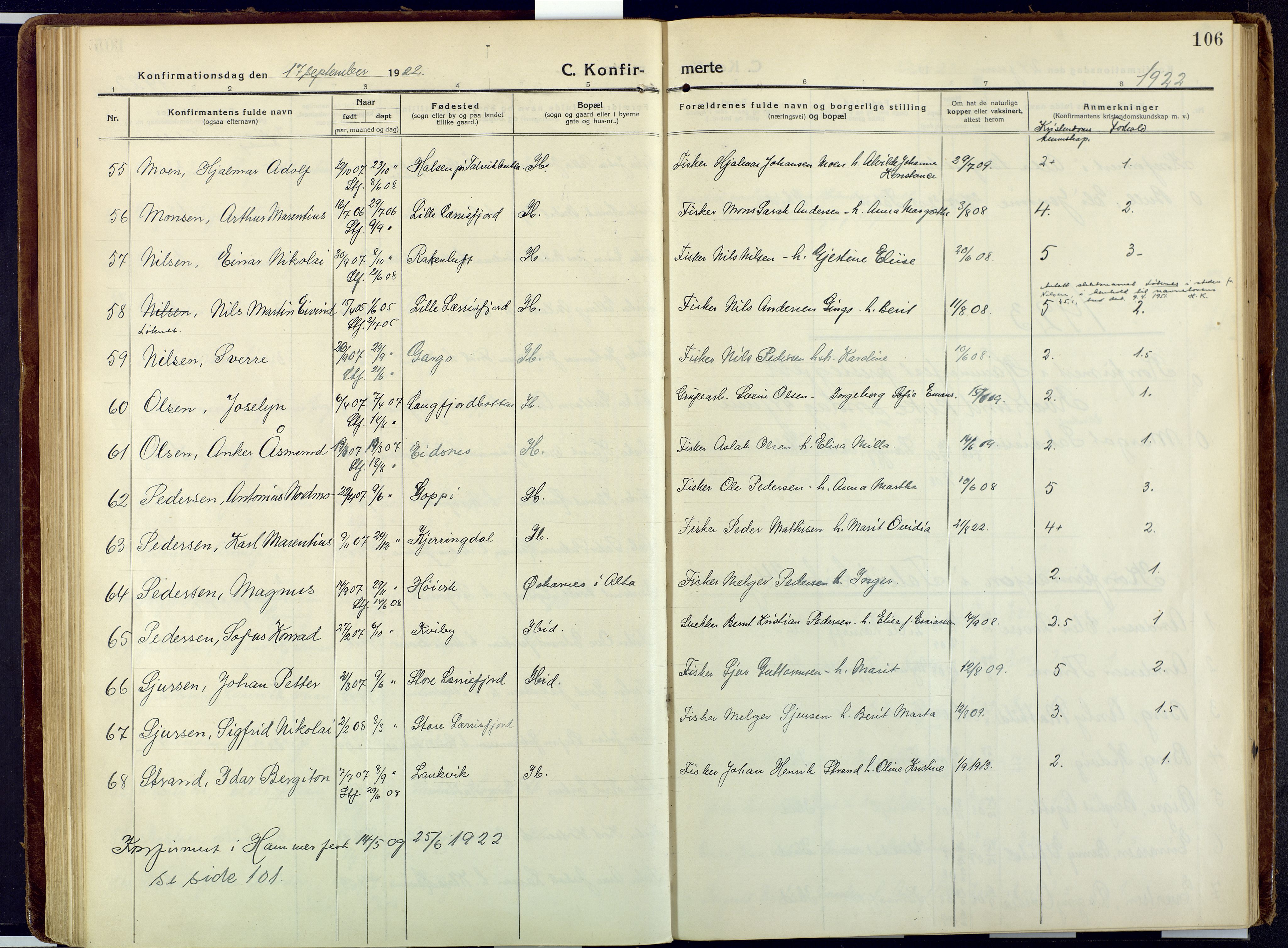 Talvik sokneprestkontor, SATØ/S-1337/H/Ha/L0018kirke: Parish register (official) no. 18, 1915-1924, p. 106