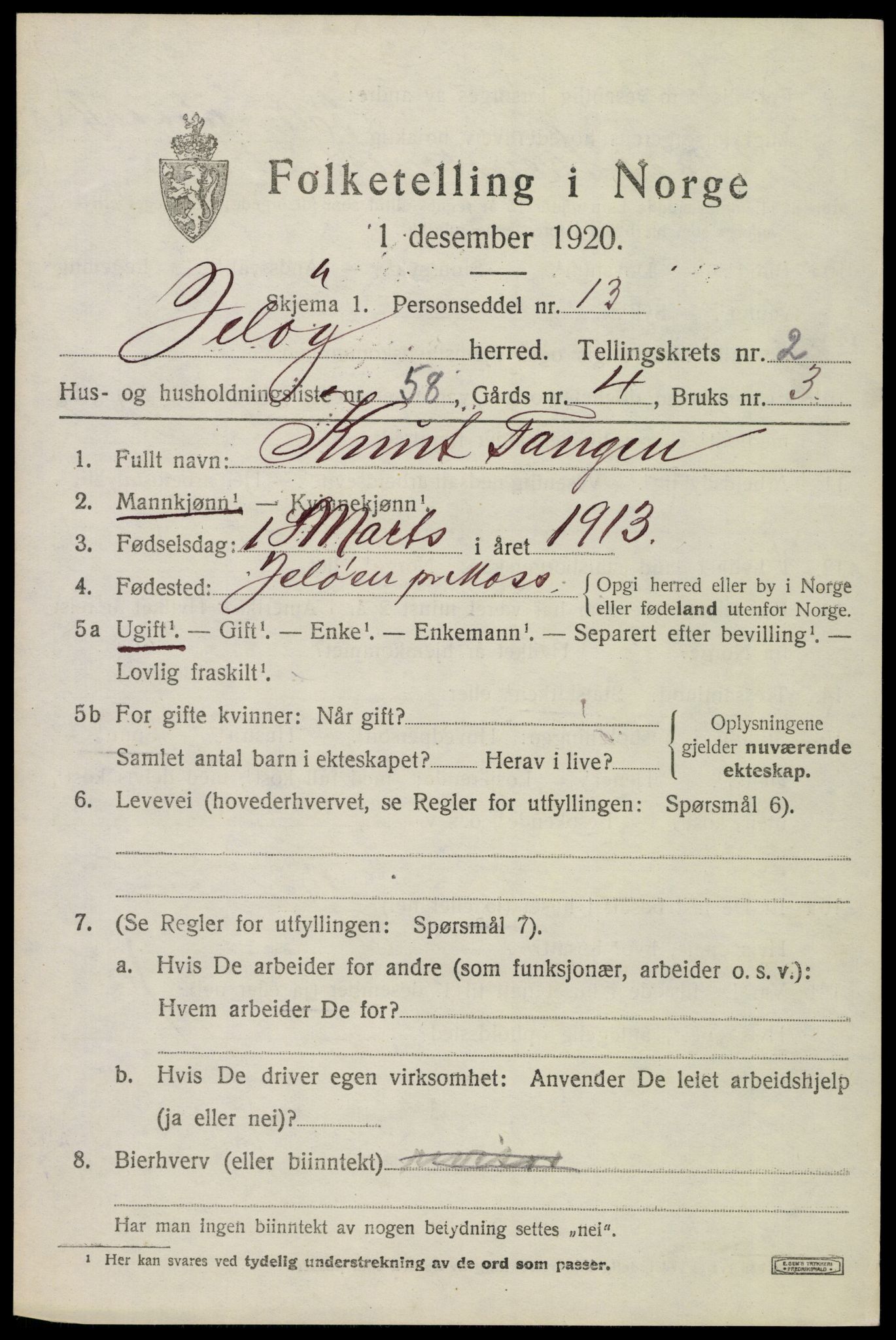 SAO, 1920 census for Moss land district, 1920, p. 2897