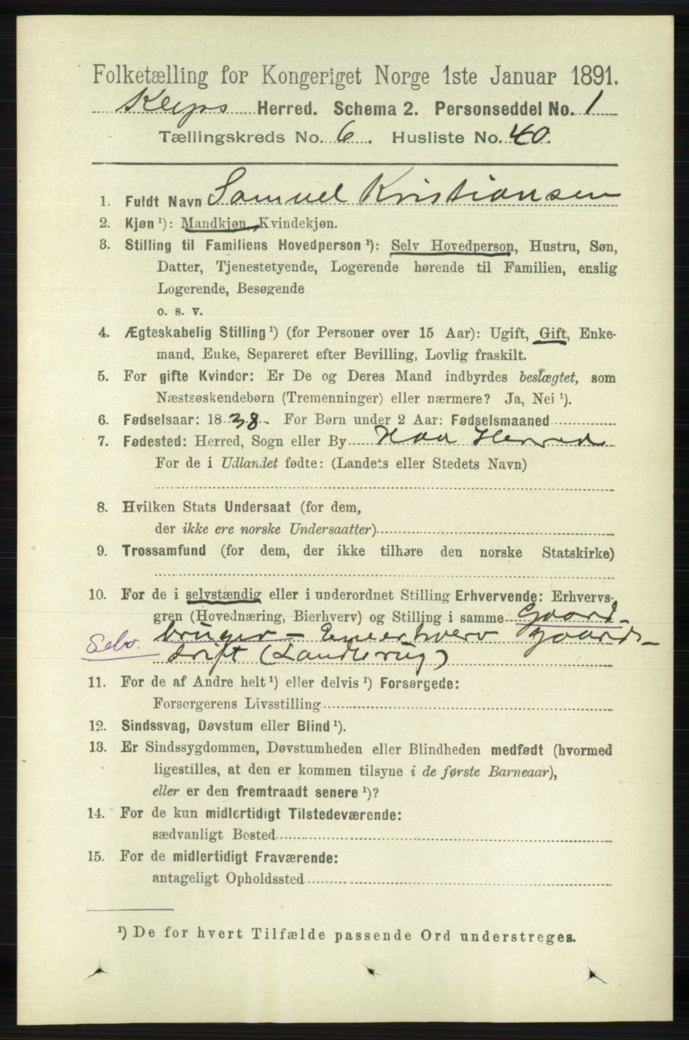 RA, 1891 census for 1120 Klepp, 1891, p. 1961