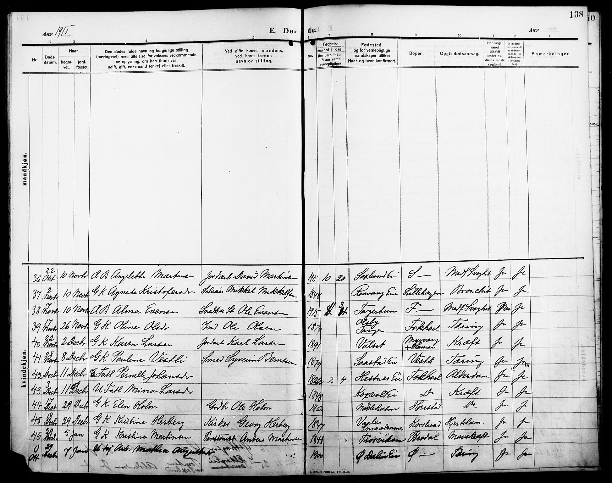 Stange prestekontor, AV/SAH-PREST-002/L/L0014: Parish register (copy) no. 14, 1909-1917, p. 138