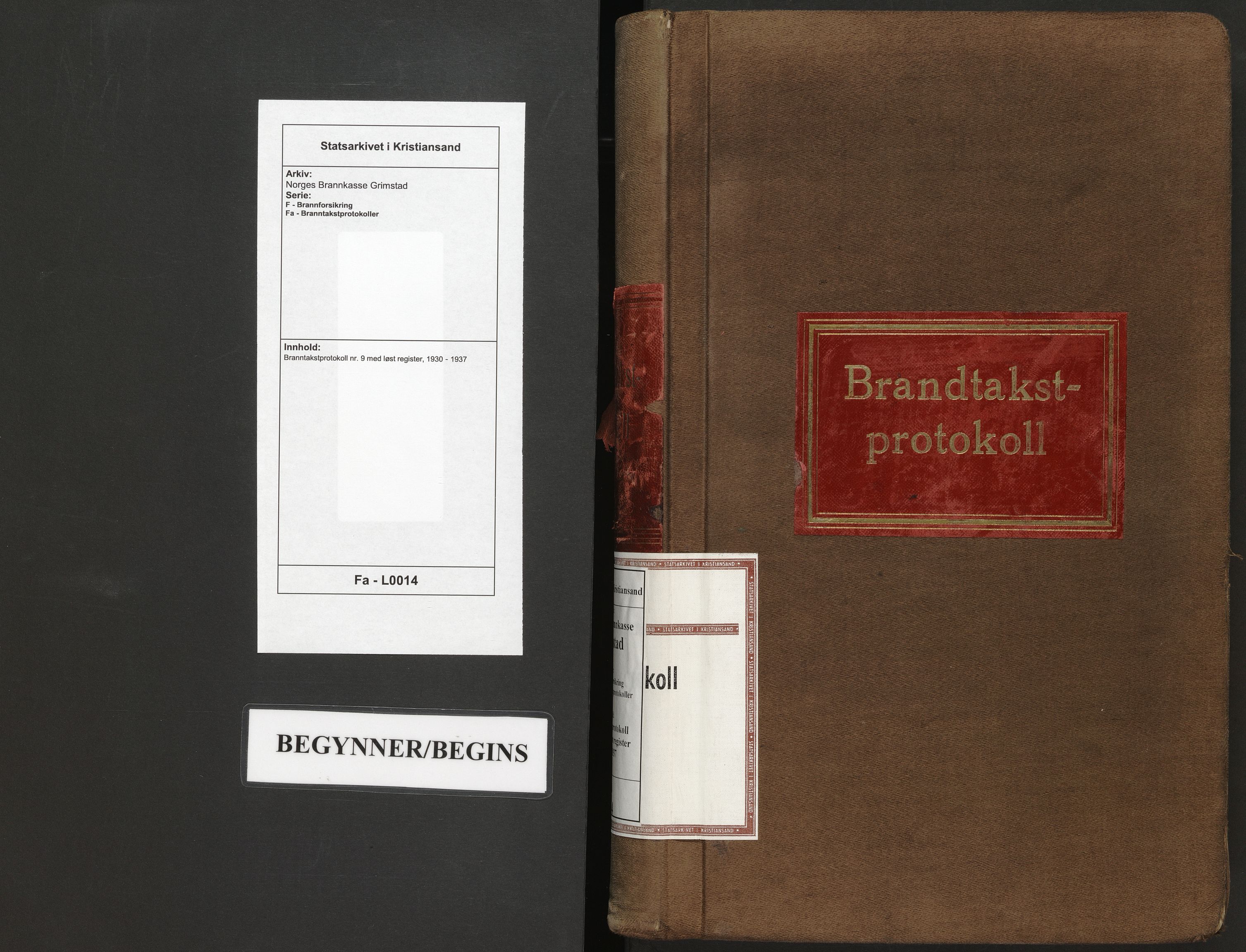 Norges Brannkasse Grimstad, AV/SAK-2241-0018/F/Fa/L0014: Branntakstprotokoll nr. 9 med løst register, 1930-1937