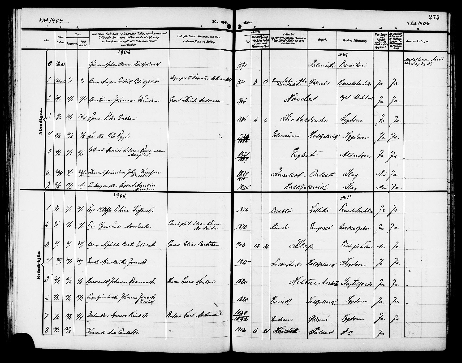 Ministerialprotokoller, klokkerbøker og fødselsregistre - Møre og Romsdal, SAT/A-1454/511/L0159: Parish register (copy) no. 511C05, 1902-1920, p. 275