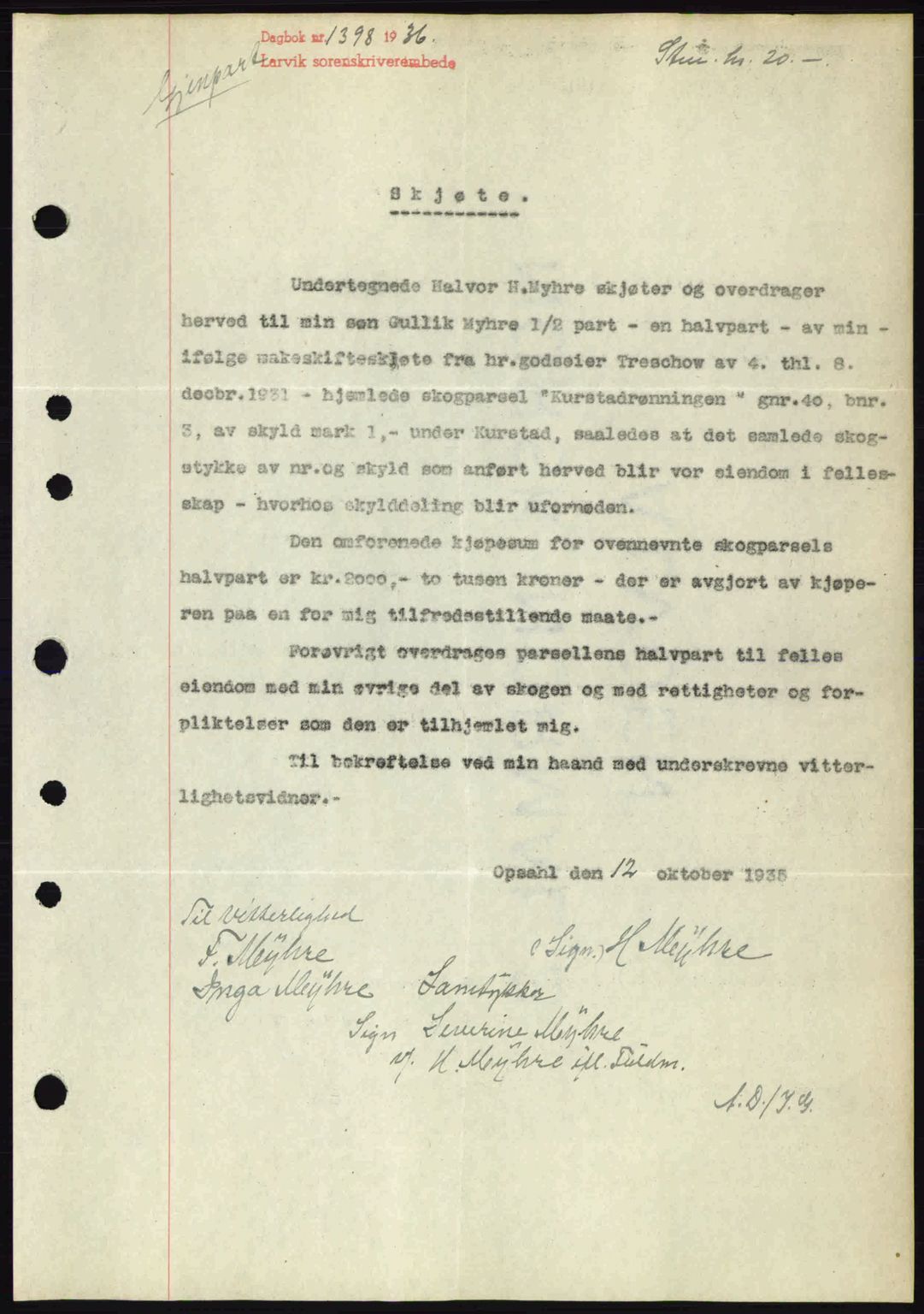 Larvik sorenskriveri, SAKO/A-83/G/Ga/Gab/L0067: Mortgage book no. A-1, 1936-1937, Diary no: : 1398/1936