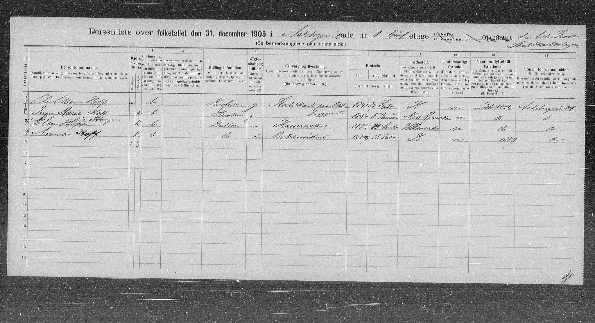 OBA, Municipal Census 1905 for Kristiania, 1905, p. 68505