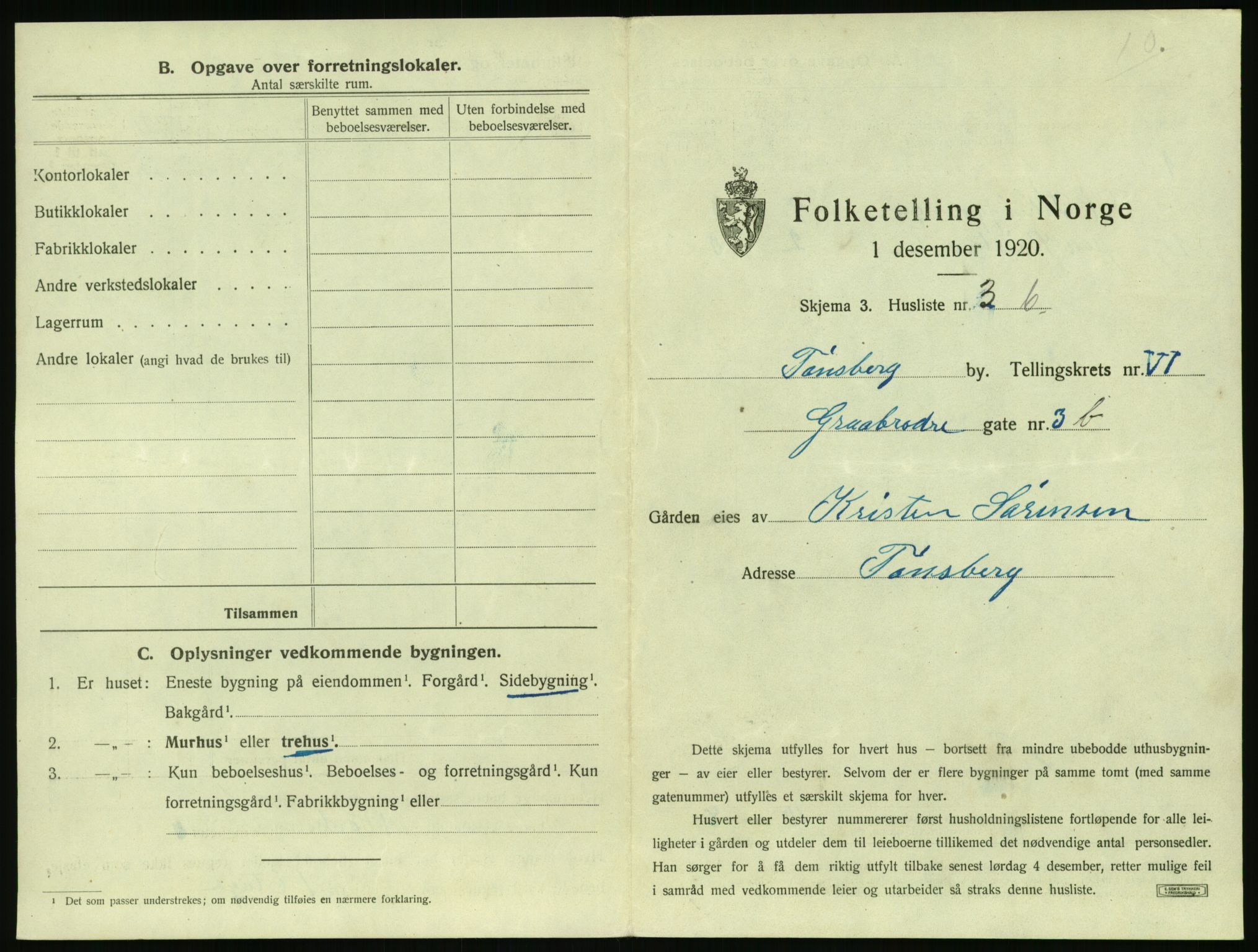 SAKO, 1920 census for Tønsberg, 1920, p. 603