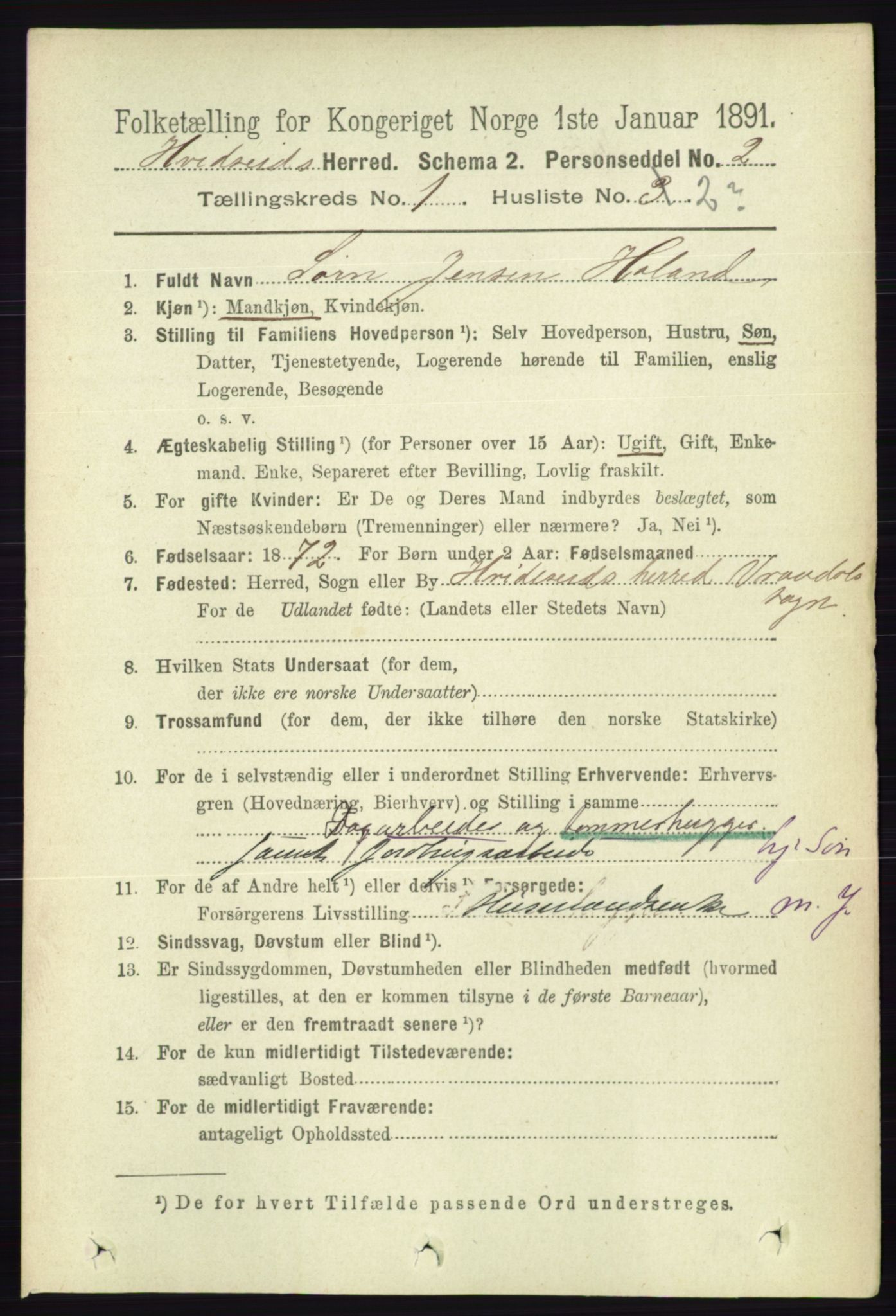 RA, 1891 census for 0829 Kviteseid, 1891, p. 89