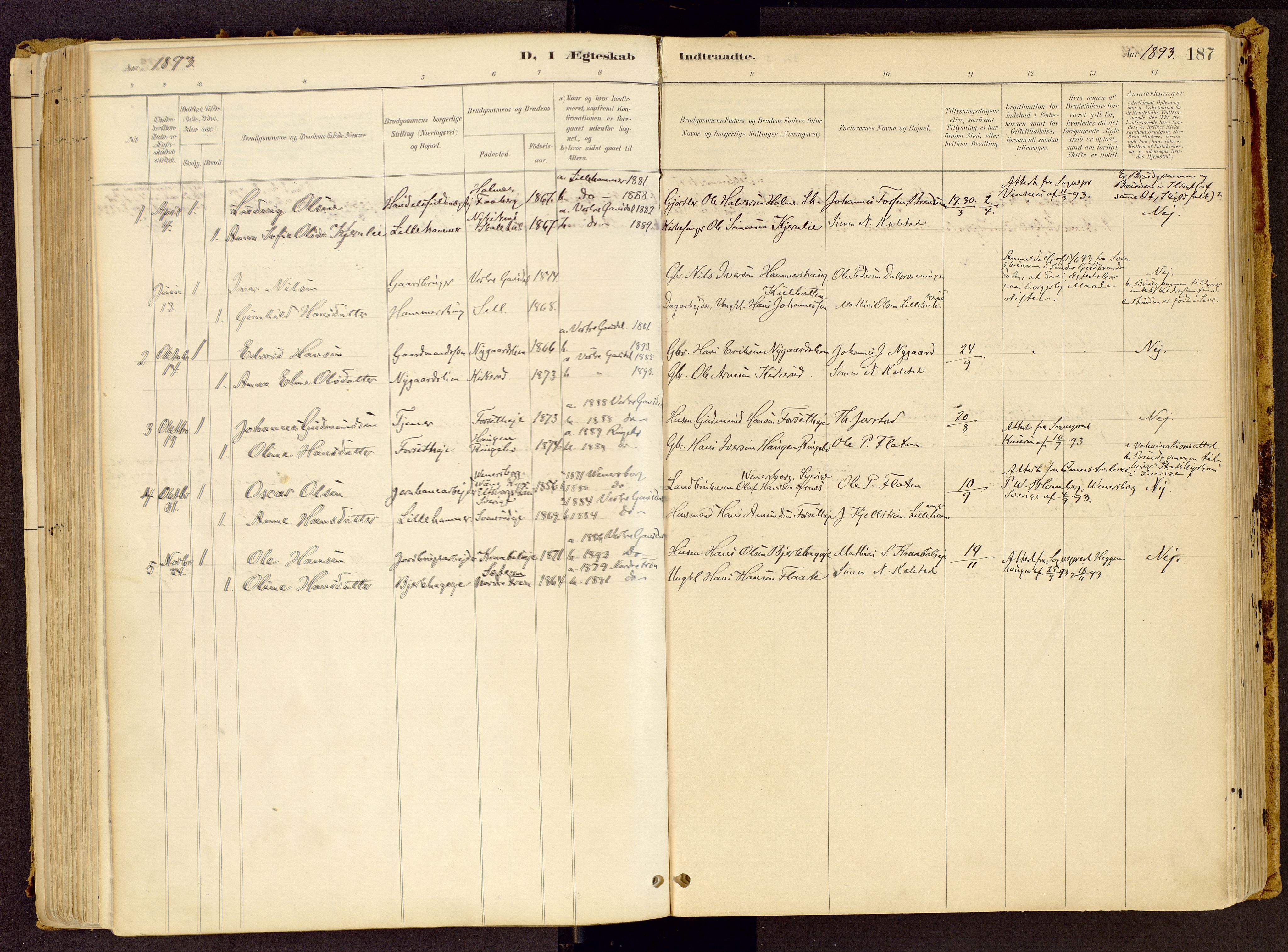Vestre Gausdal prestekontor, SAH/PREST-094/H/Ha/Haa/L0001: Parish register (official) no. 1, 1887-1914, p. 187