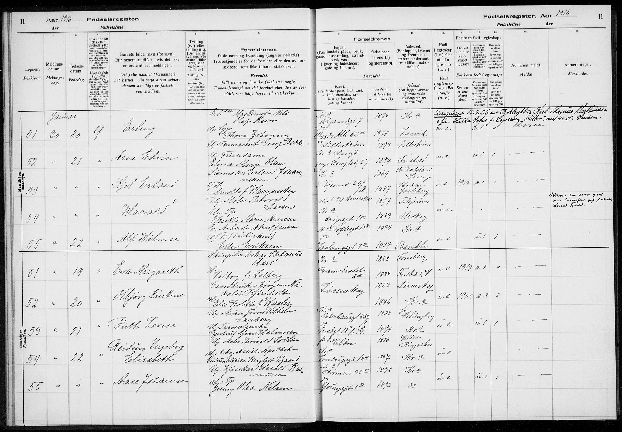 Rikshospitalet prestekontor Kirkebøker, SAO/A-10309b/J/L0001: Birth register no. 1, 1916-1916, p. 11