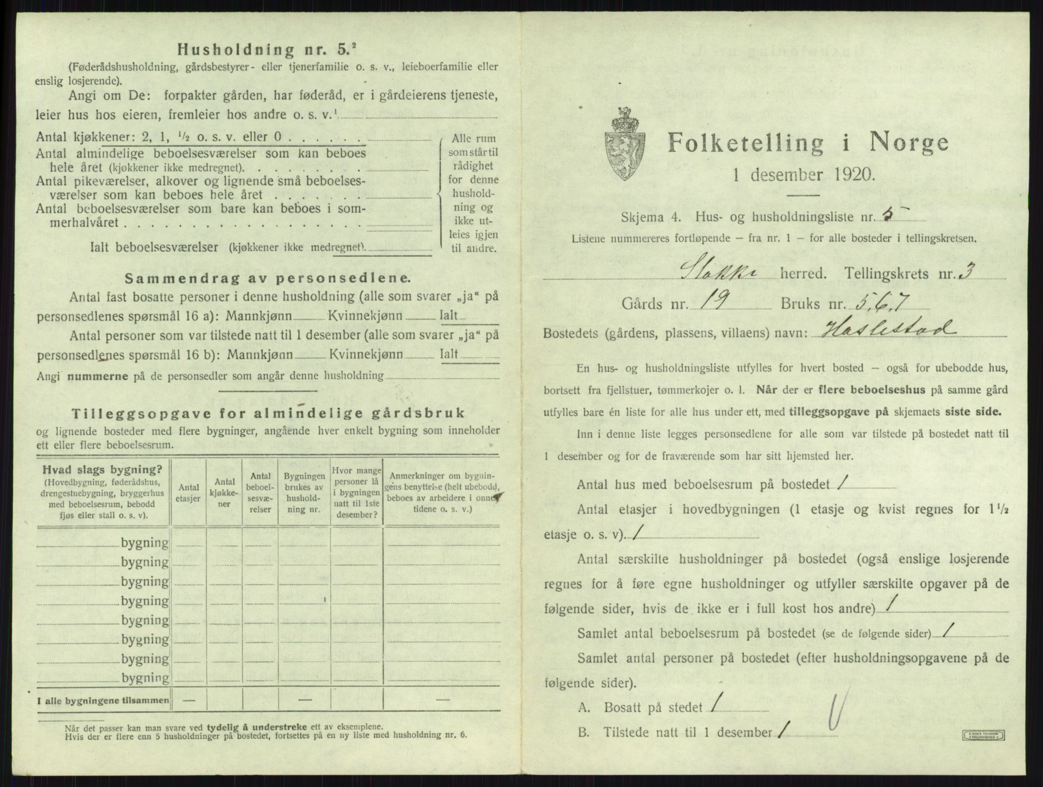 SAKO, 1920 census for Stokke, 1920, p. 483