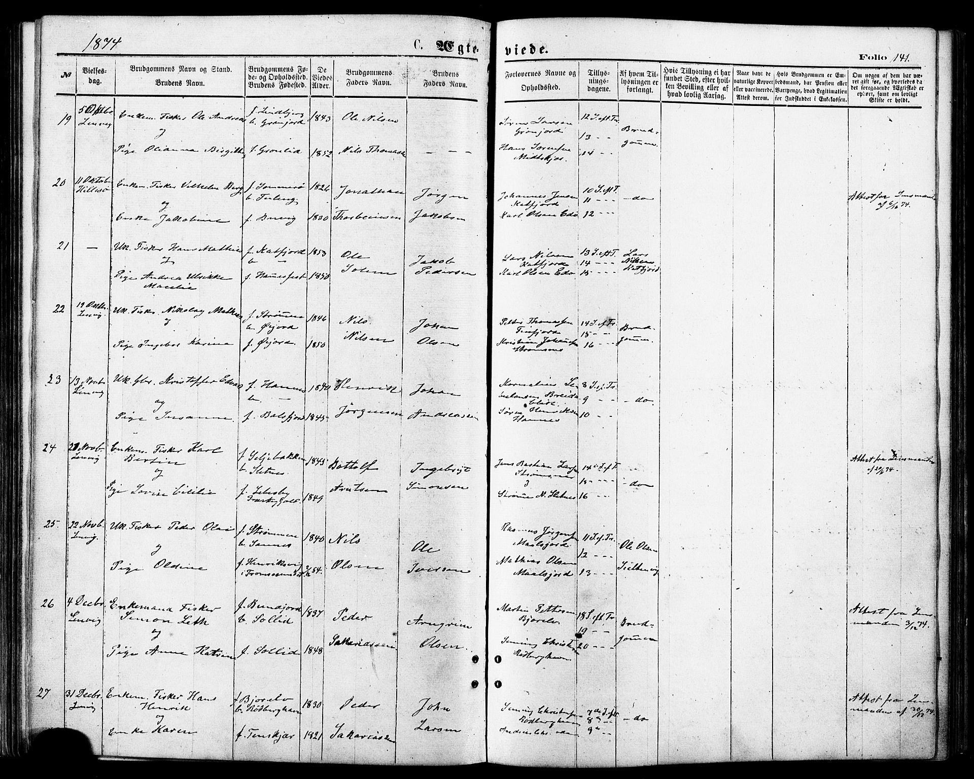 Lenvik sokneprestembete, AV/SATØ-S-1310/H/Ha/Haa/L0010kirke: Parish register (official) no. 10, 1873-1880, p. 141