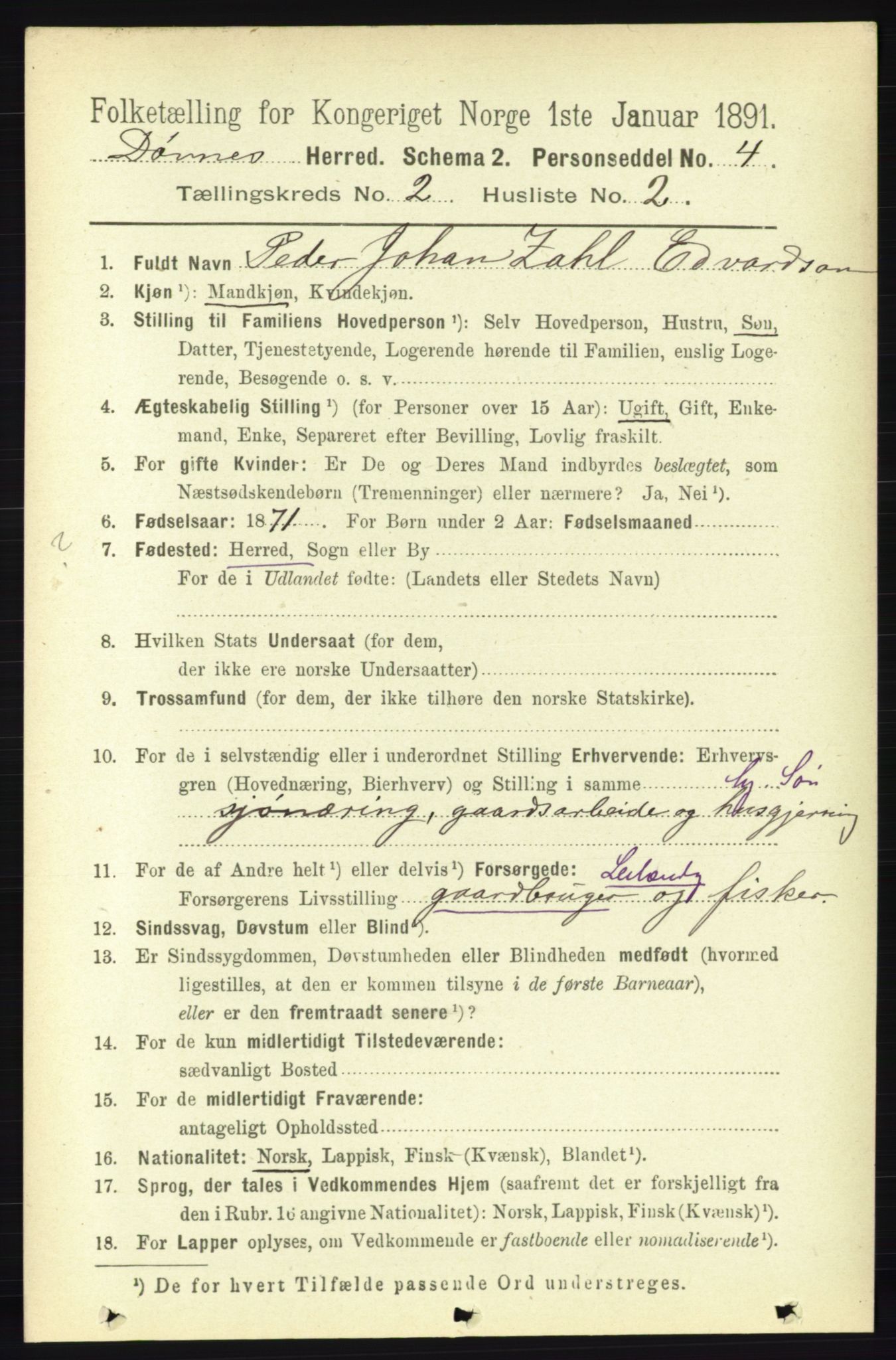 RA, 1891 census for 1827 Dønnes, 1891, p. 707