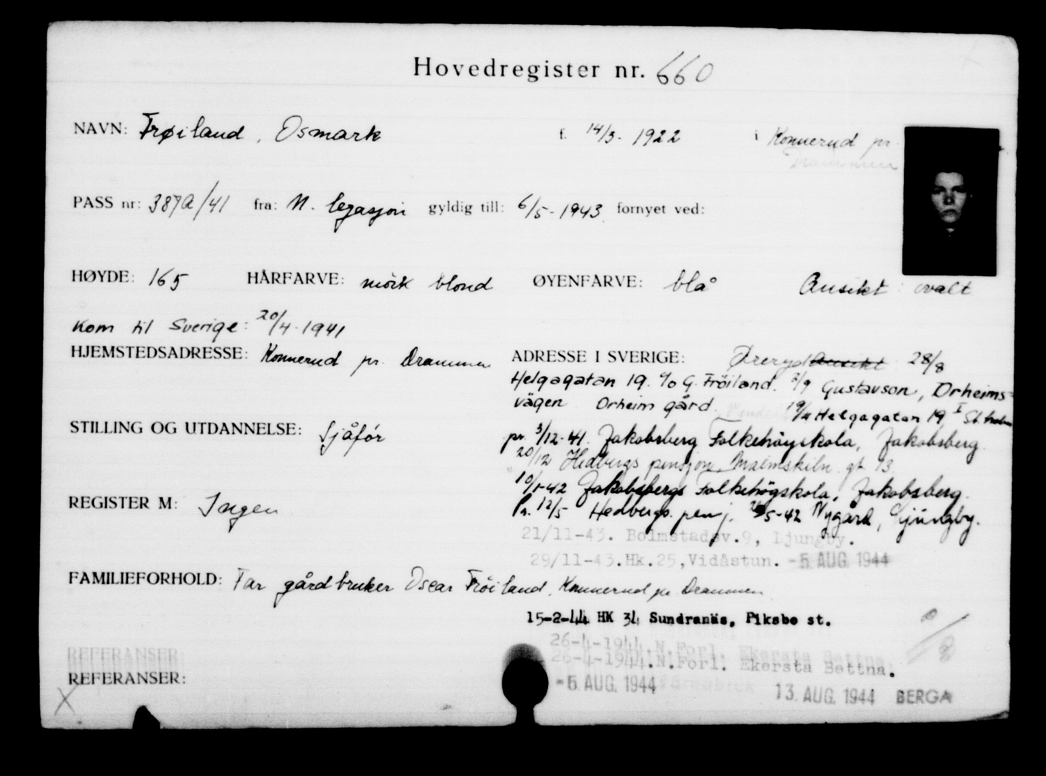 Utenriksstasjonene, Legasjonen i Stockholm, Flyktningkontoret, AV/RA-S-6753/V/Va/L0001: Kjesäterkartoteket, flyktninger med registreringsnr. 1-1000, 1940-1945, p. 1030