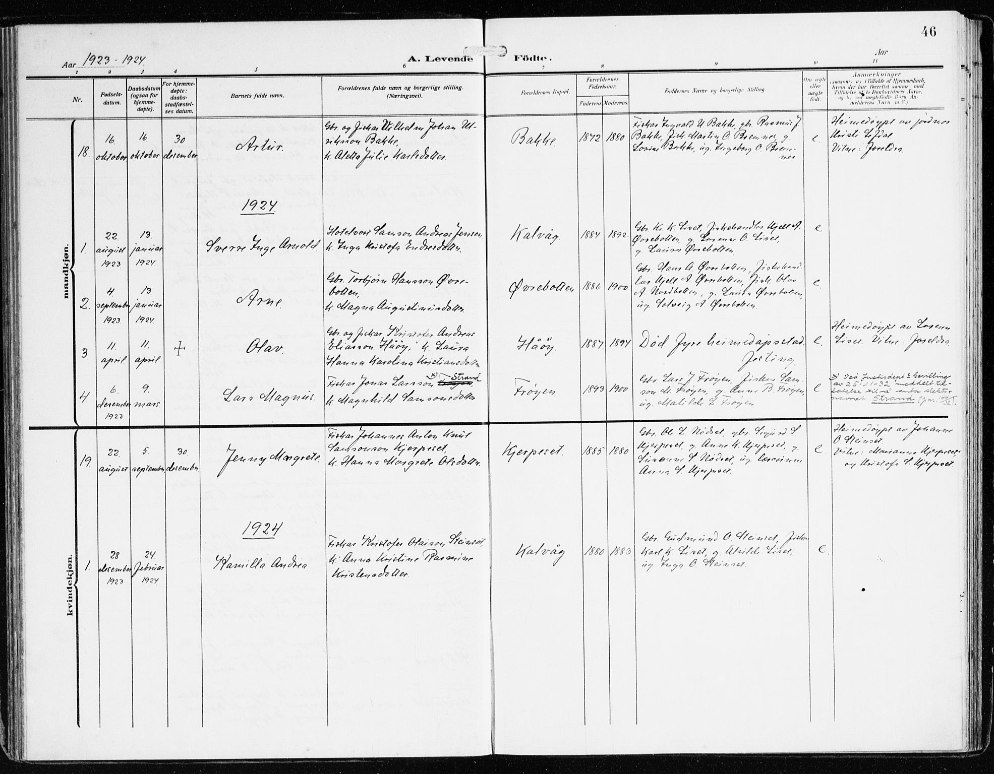 Bremanger sokneprestembete, SAB/A-82201/H/Haa/Haab/L0003: Parish register (official) no. B 3, 1908-1925, p. 46