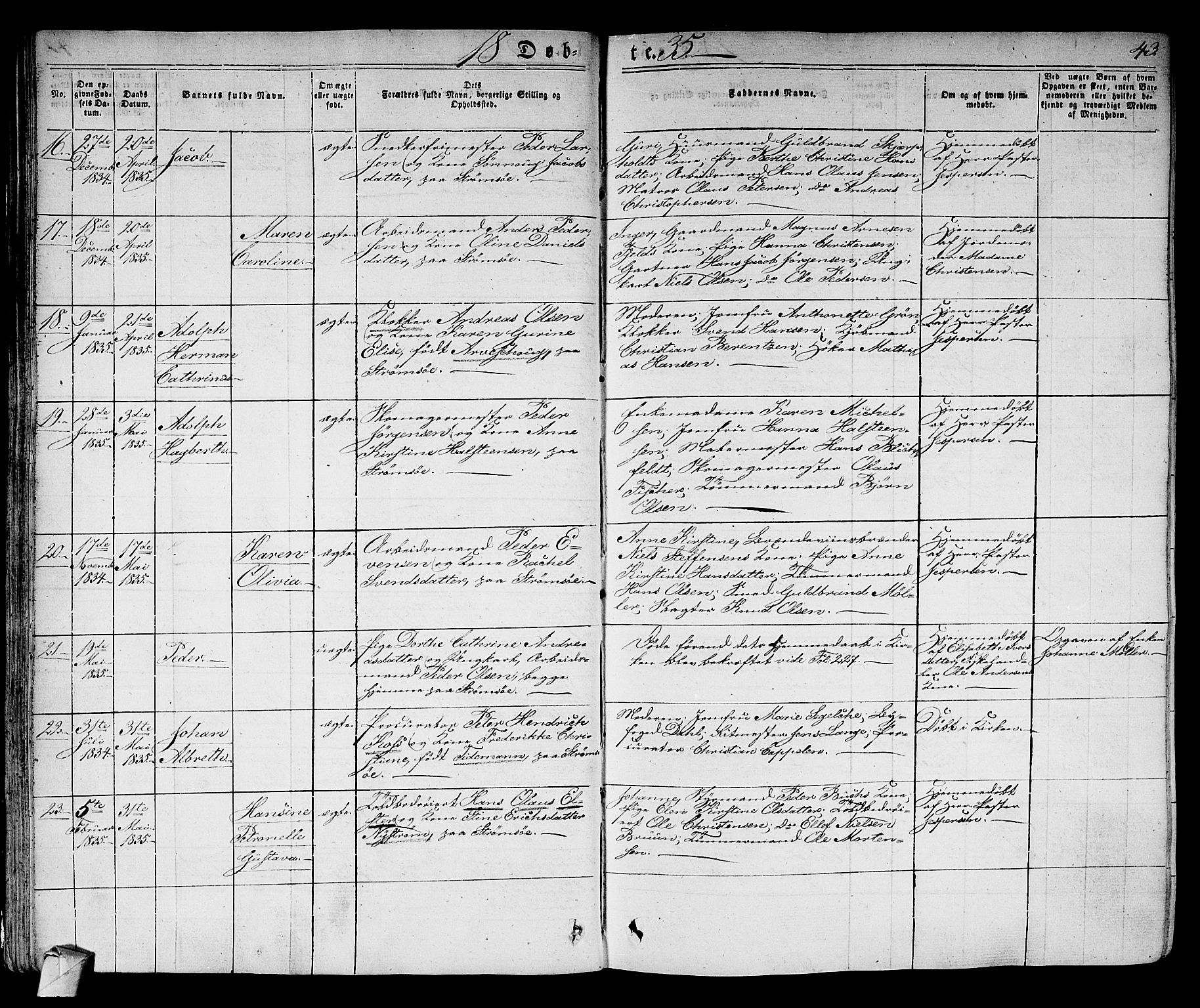 Strømsø kirkebøker, AV/SAKO-A-246/F/Fa/L0012: Parish register (official) no. I 12, 1830-1847, p. 43
