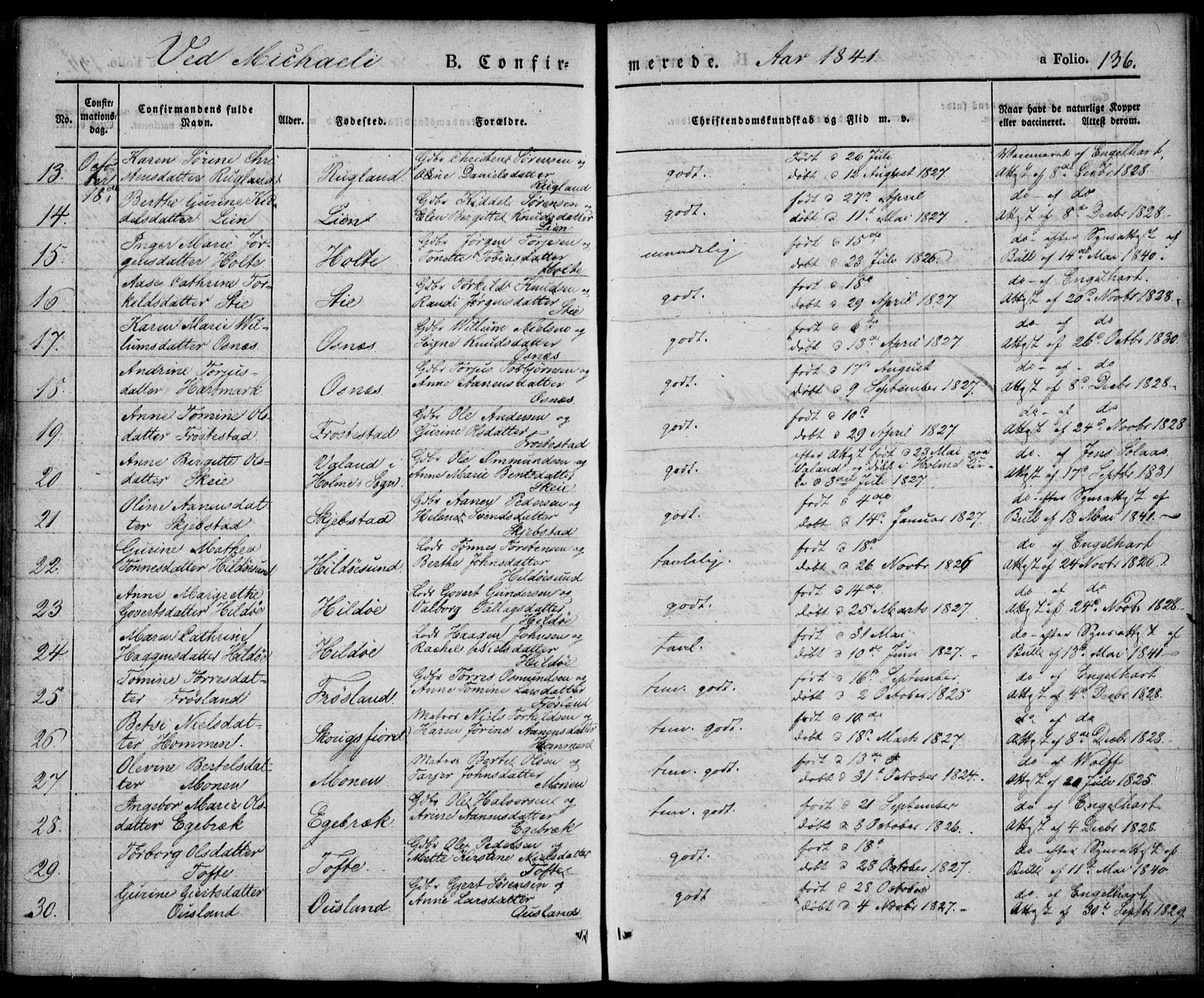 Mandal sokneprestkontor, SAK/1111-0030/F/Fa/Faa/L0012: Parish register (official) no. A 12, 1840-1847, p. 136