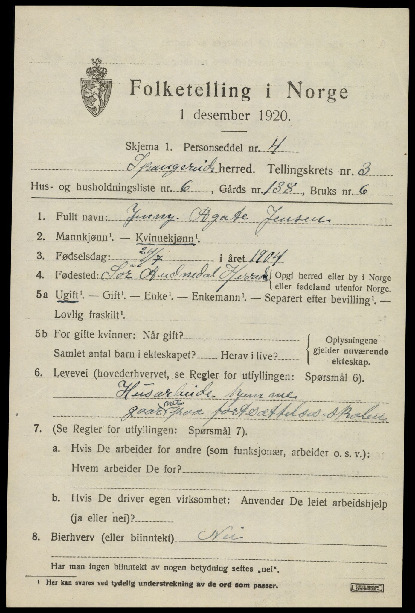 SAK, 1920 census for Spangereid, 1920, p. 1499